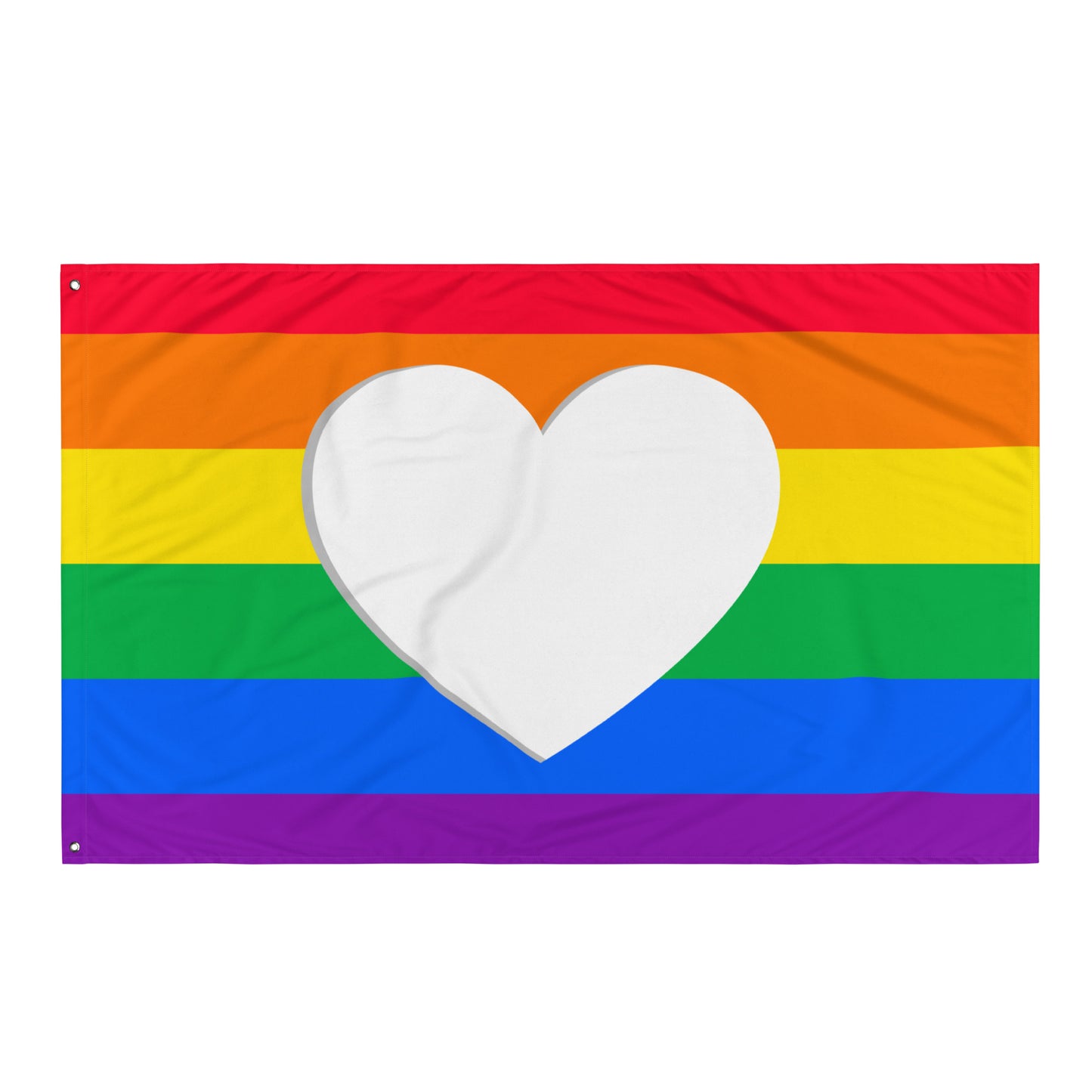 A rectangular pride flag with horizontal rainbow stripes and a large white heart centered over the middle, shown on a plain white background.