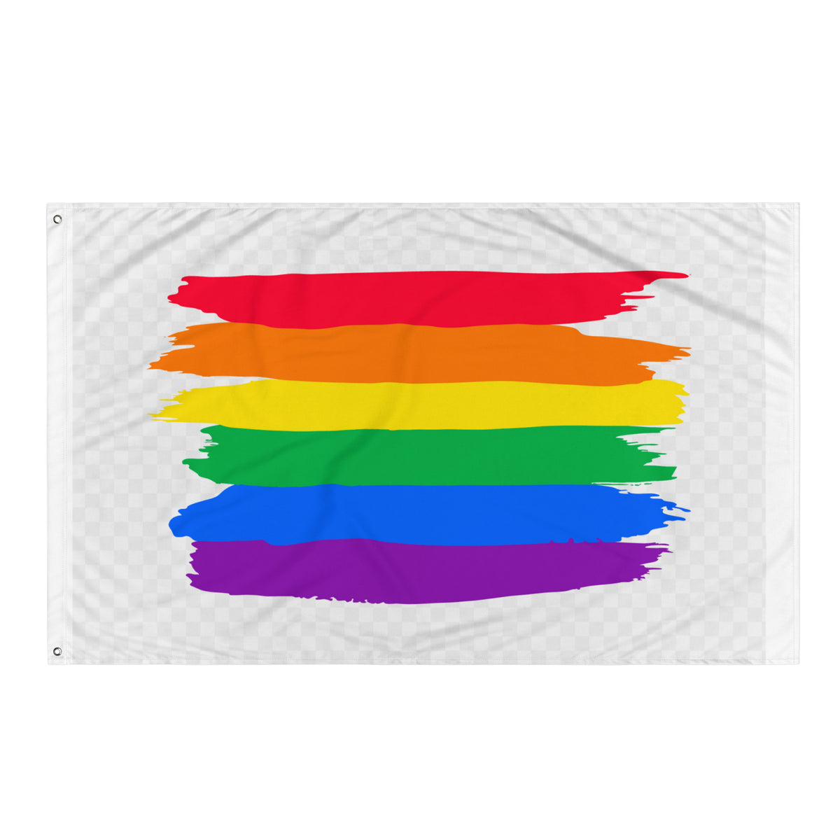 A white flag with a stacked rainbow design made of broad, textured horizontal brushstroke bands in red, orange, yellow, green, blue, and purple. The flag has a white header on the left side with two metal grommets.