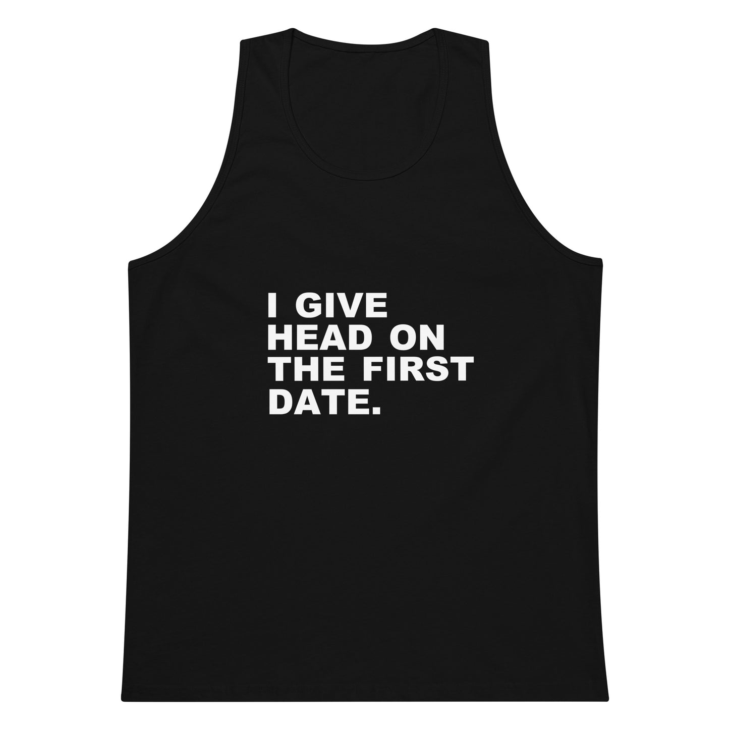 Black tank top with white text on a white background