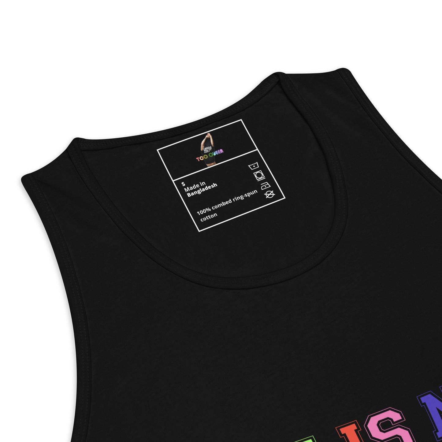 Close-up of a black sleeveless tank top showing the inner neck label and part of a colorful graphic at the bottom edge on a white background.
