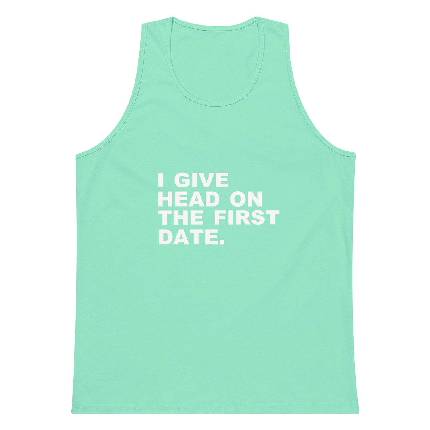 Mint green tank top with white text on a white background