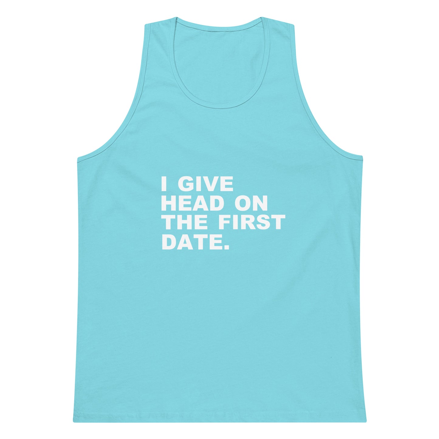 Light blue tank top with white text on a white background