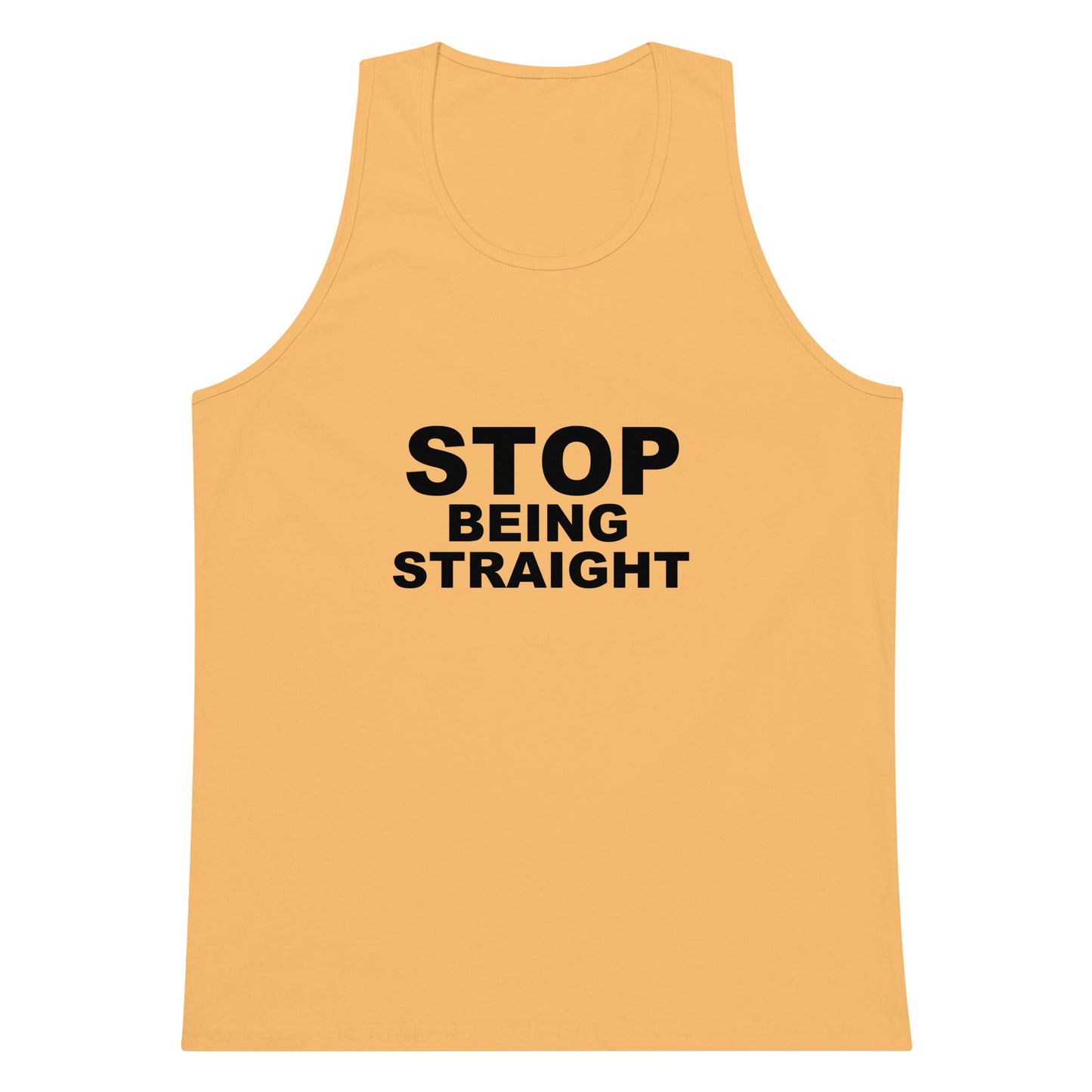 Yellow tank top with 'STOP BEING STRAIGHT' text on a white background