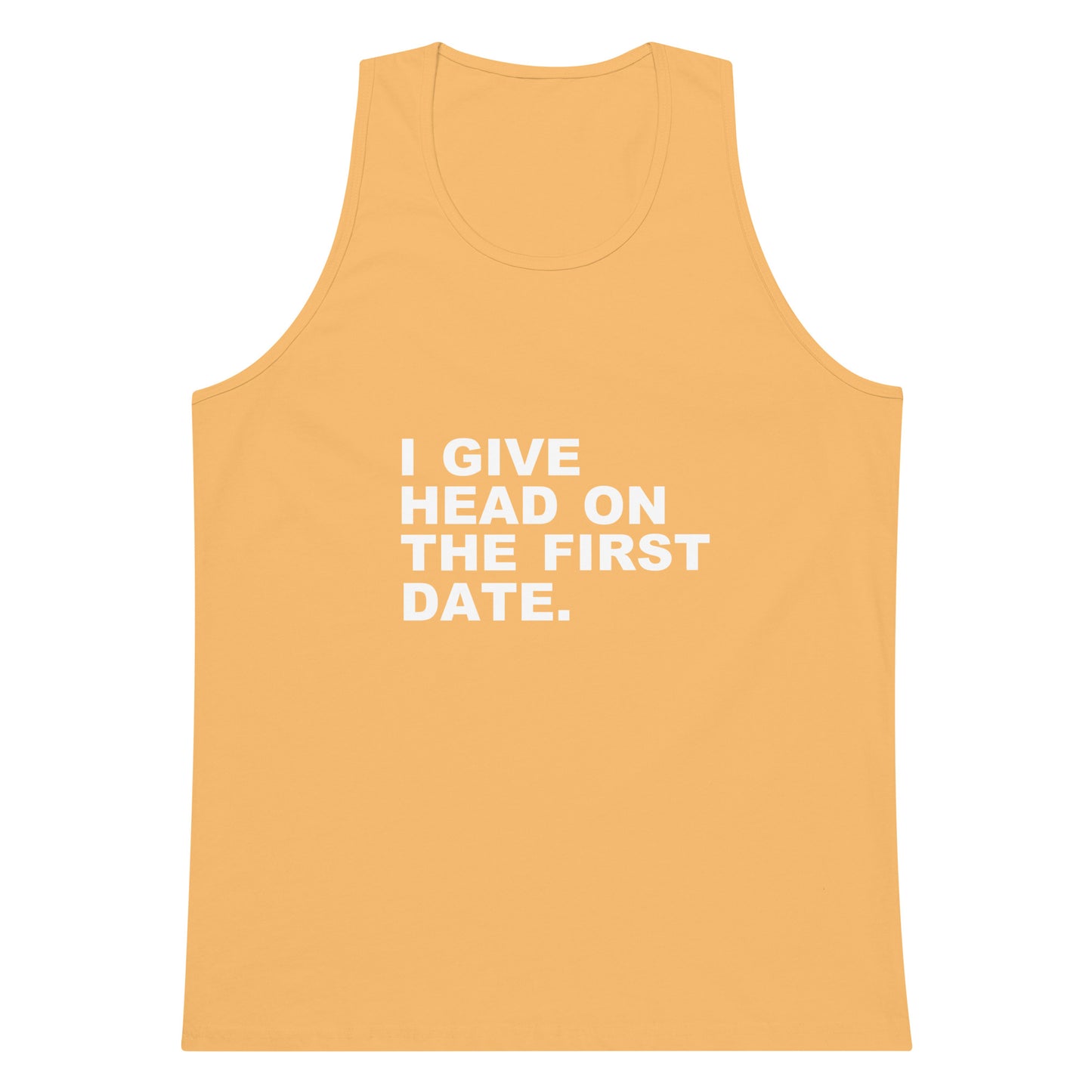 Yellow tank top with white text on a white background