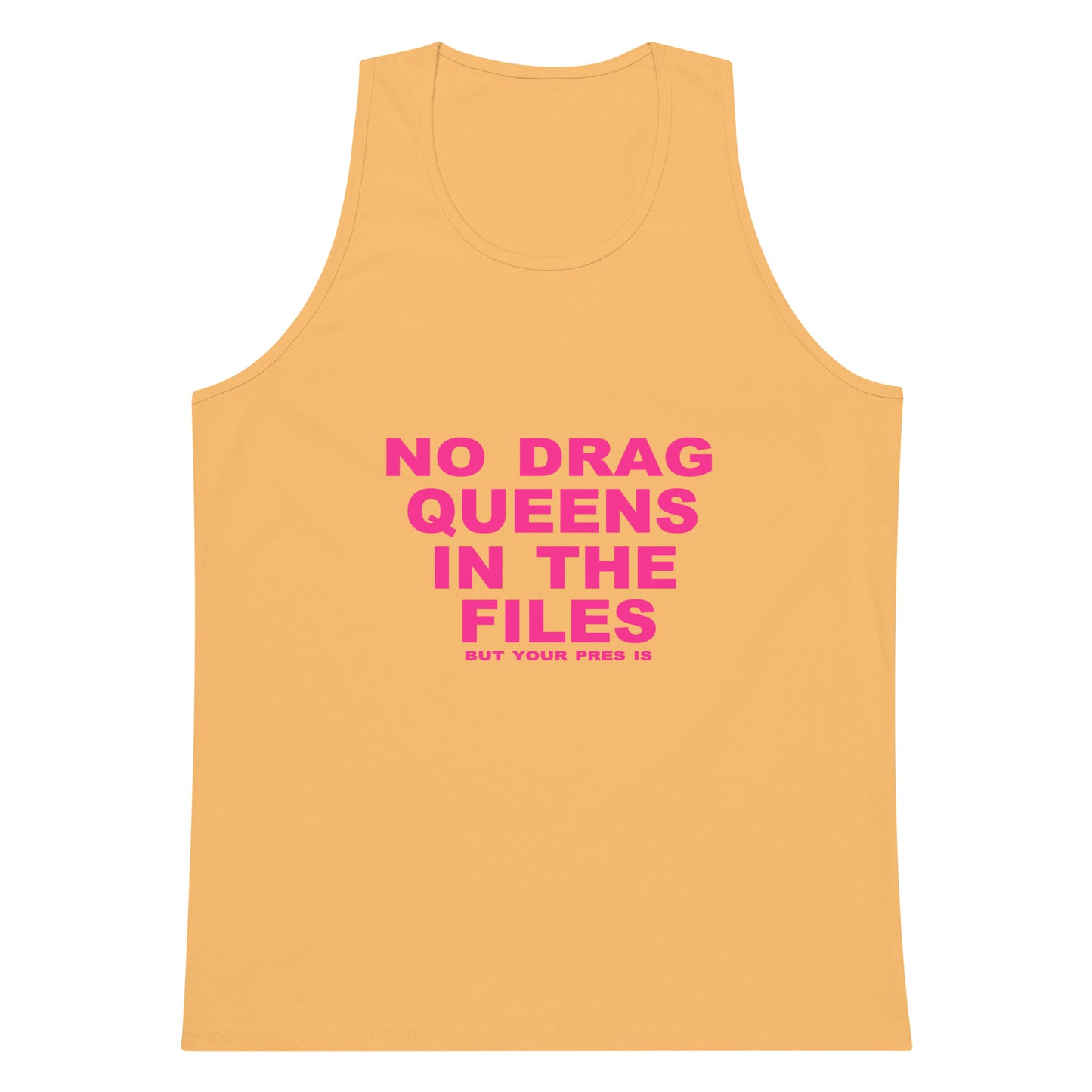 Yellow tank top with pink text on a white background