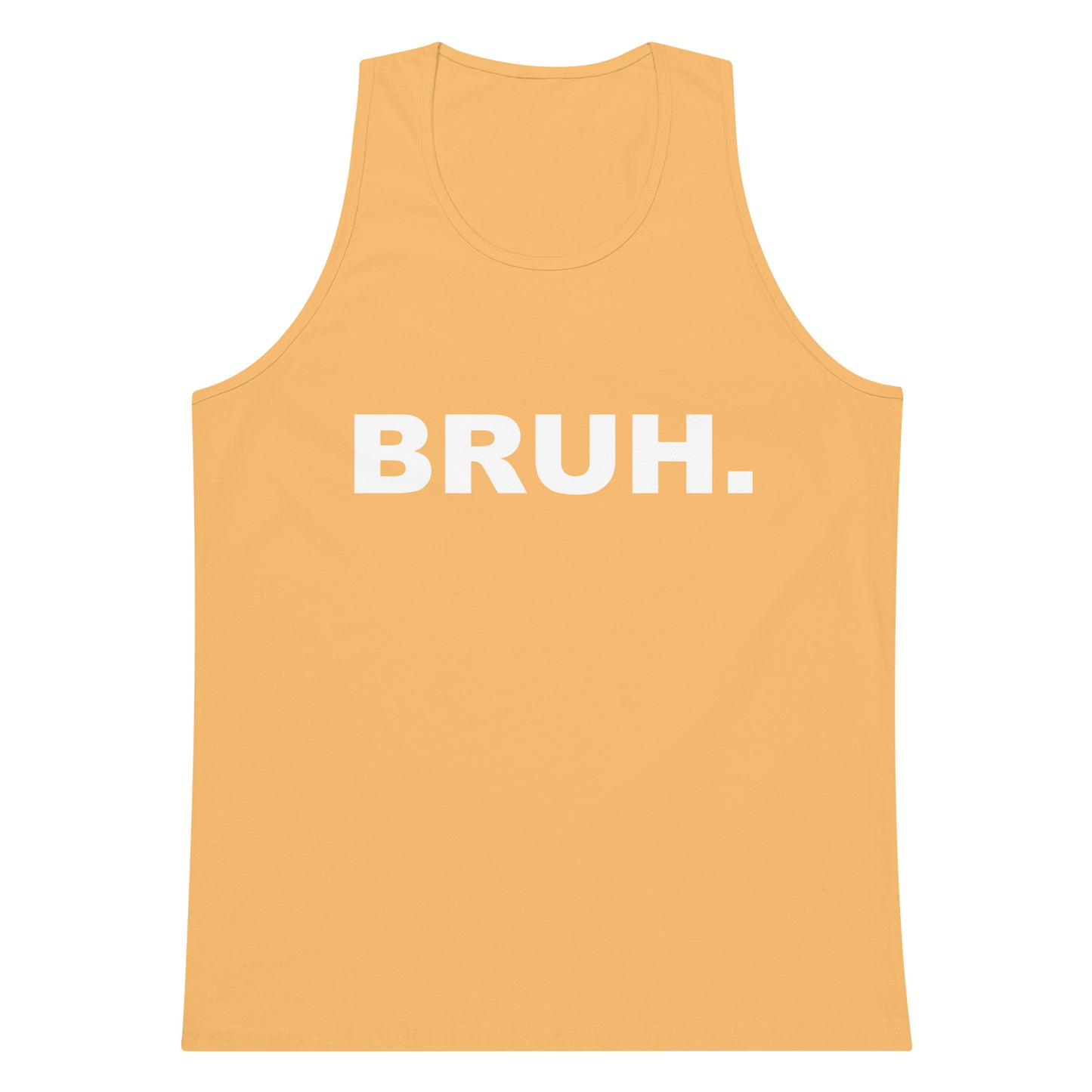 Yellow tank top with 'BRUH.' text on a white background