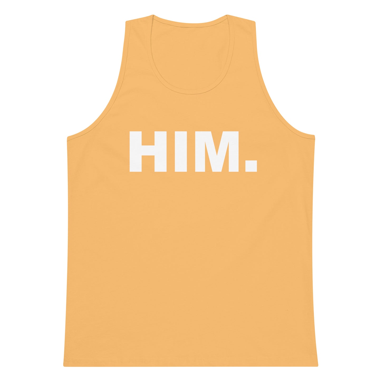 A yellow-orange tank top with the word 'HIM.' printed in bold white capital letters across the chest, shown on a plain white background.