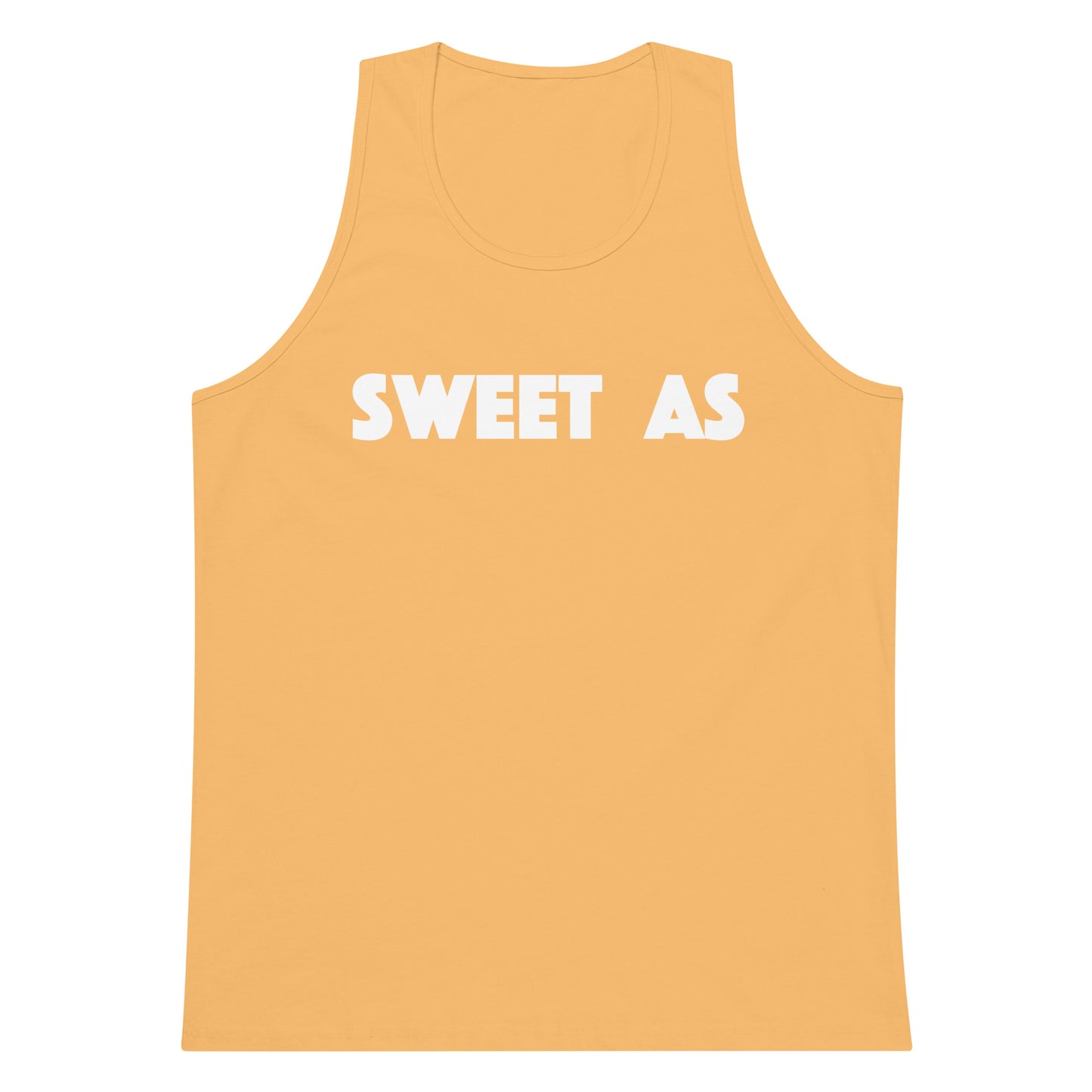 A sleeveless tank top in a warm peach-orange color with the words 'SWEET AS' printed in bold white capital letters across the chest, shown on a plain white background.