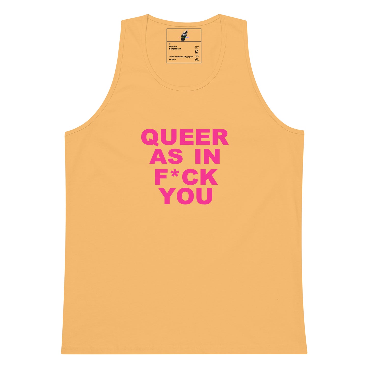 A sleeveless tank top in a warm peach-orange color with bold pink text on the front reading 'QUEER AS IN F*CK YOU'. The tank top is displayed flat against a solid white background, with a small brand label visible inside the collar.