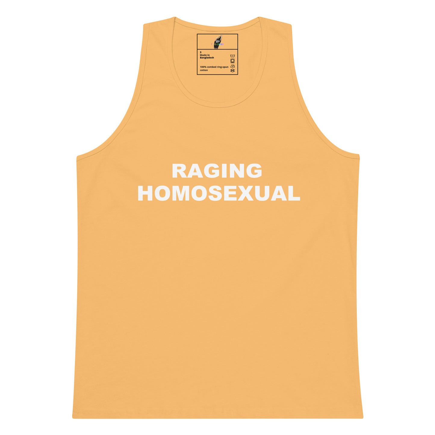 A sleeveless tank top in a warm peach-orange color with the text 'RAGING HOMOSEXUAL' printed in white across the chest, shown on a plain white background.