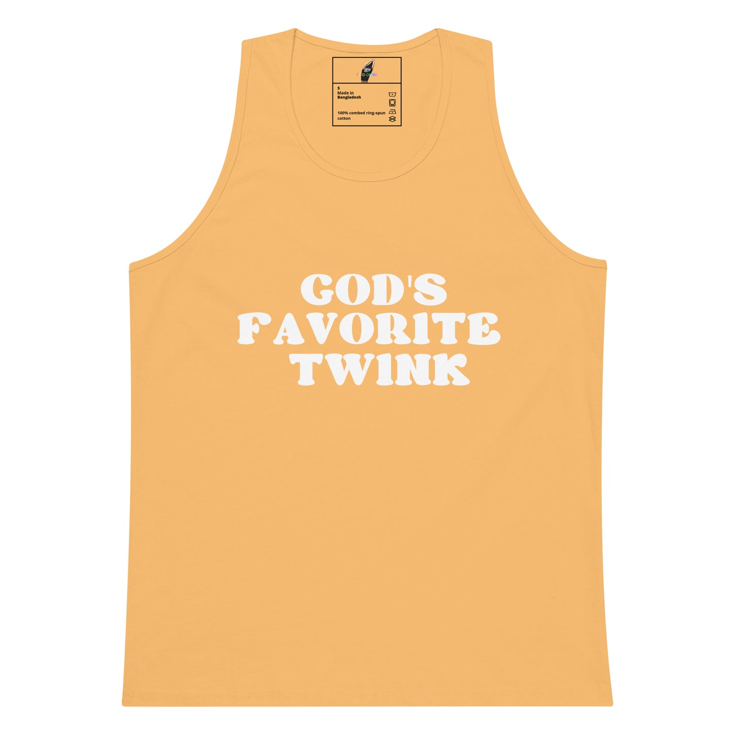 A sleeveless tank top in a warm peach-orange color with the phrase 'GOD'S FAVORITE TWINK' printed across the chest in bold white capital letters, shown against a plain white background.