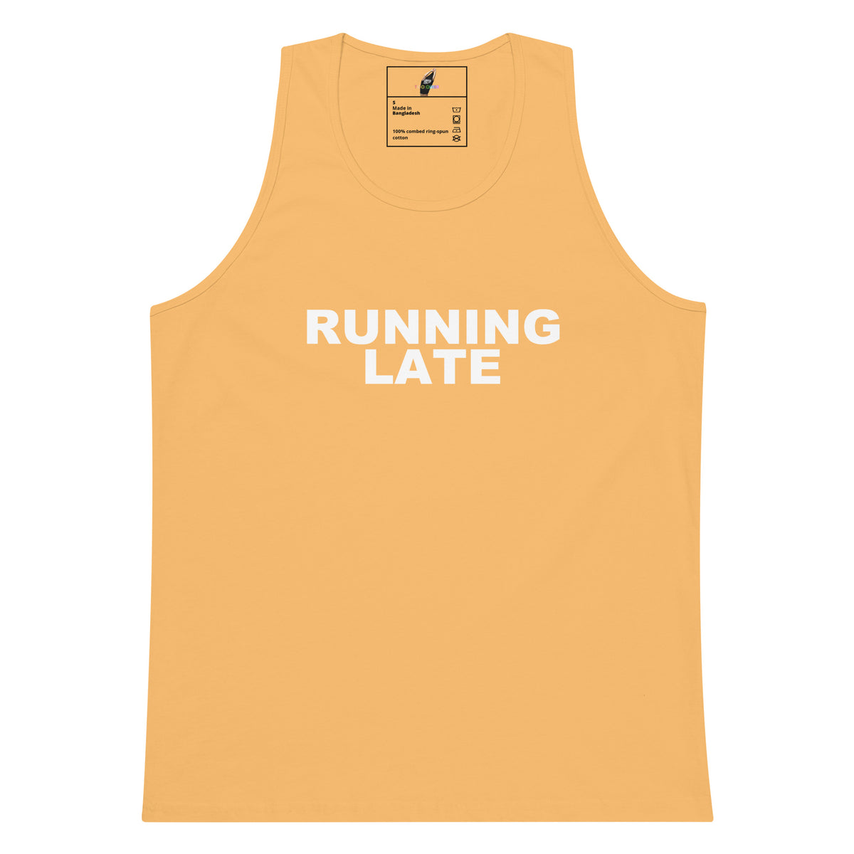 A sleeveless tank top in a warm peach-orange color with the words 'RUNNING LATE' printed in bold white capital letters across the chest, shown on a plain white background.