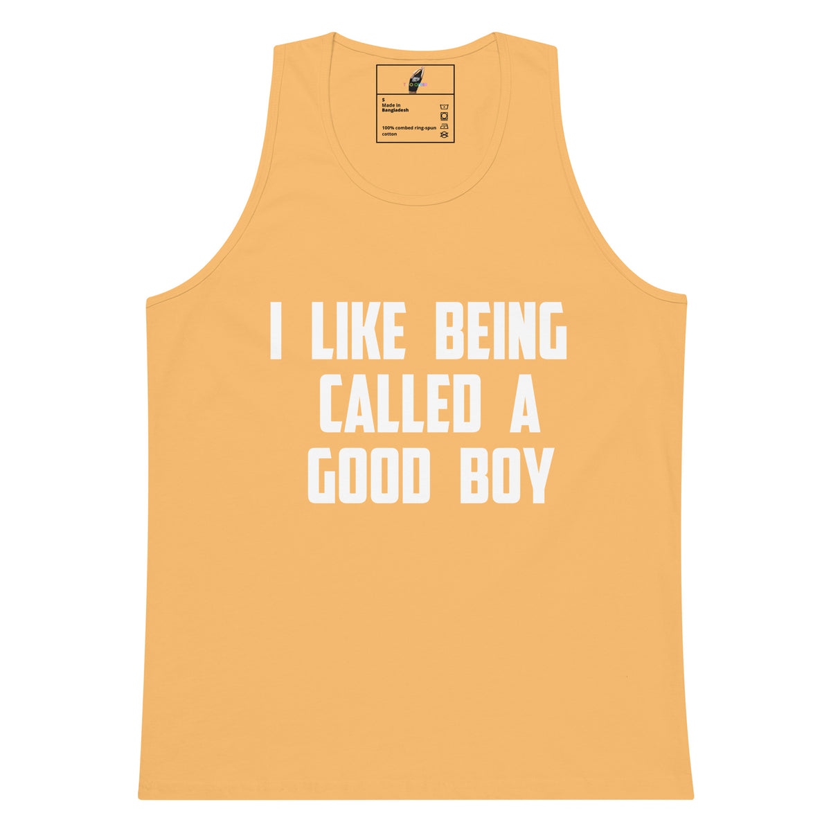 A light peach-colored tank top with bold white text reading 'I LIKE BEING CALLED A GOOD BOY' printed across the front, displayed on a solid white background.