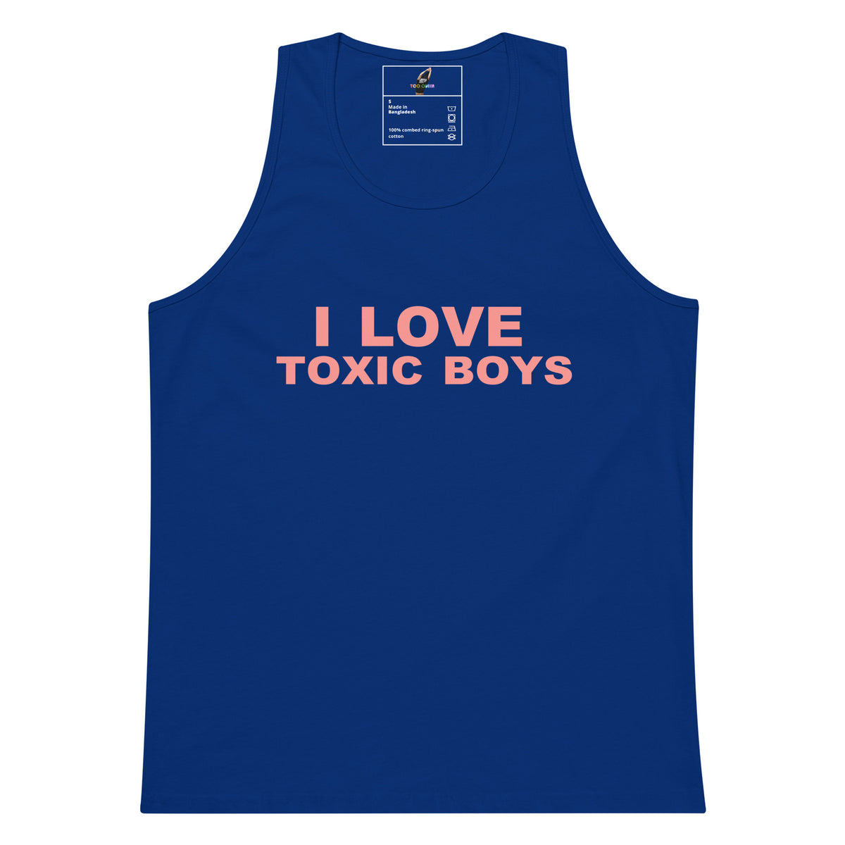 A royal blue sleeveless tank top with the text 'I LOVE TOXIC BOYS' printed in a coral-pink font across the chest, displayed on a clean white background.