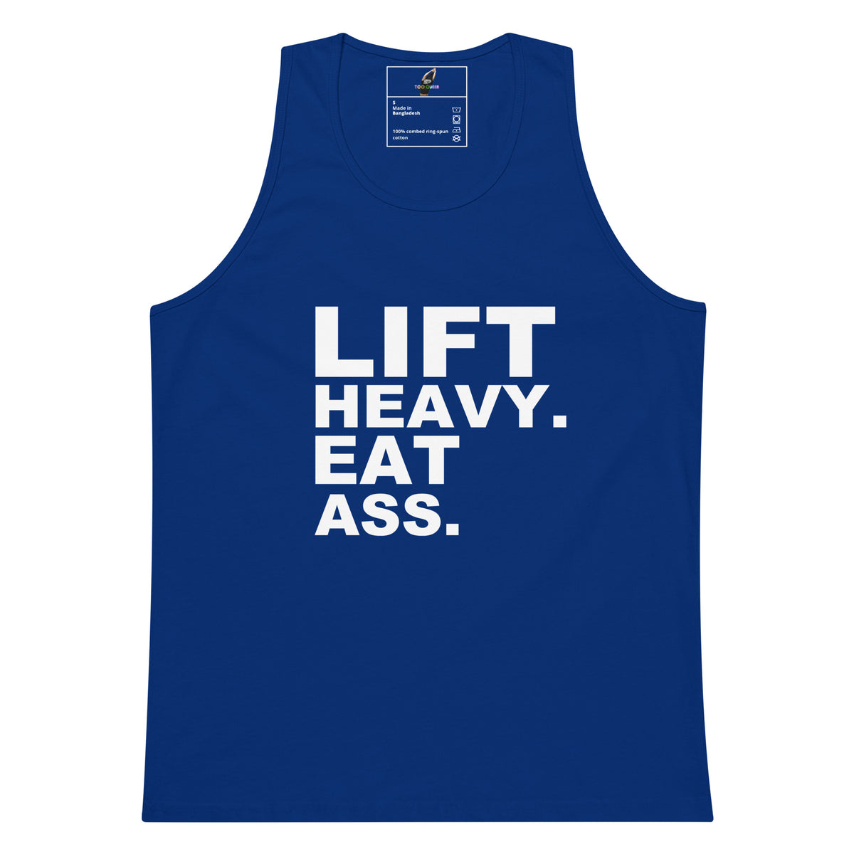 A black sleeveless tank top with bold white text on the front reading 'LIFT HEAVY. EAT ASS.