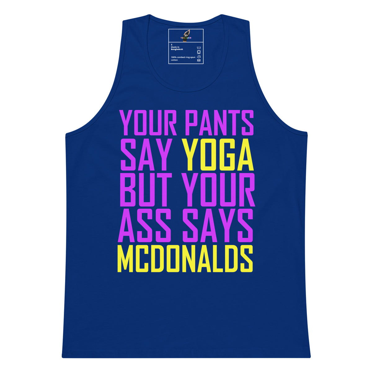 A royal blue tank top with a bold graphic text print in purple and yellow on the front, displayed against a solid white background.