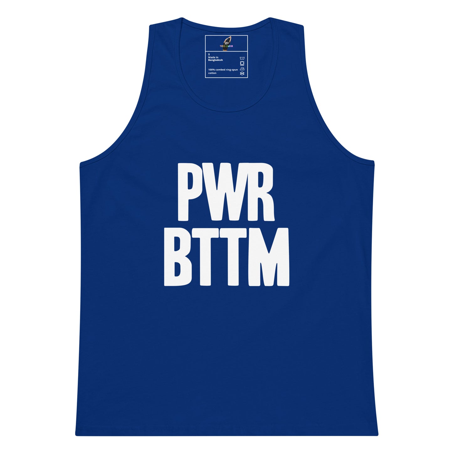 A royal blue sleeveless tank top with the words 'PWR BTTM' printed in bold white capital letters across the chest, shown on a plain white background.