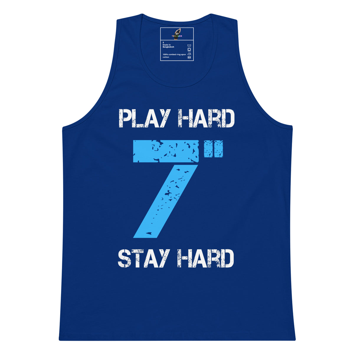 A royal blue sleeveless tank top with a graphic print on the front. The design features the words 'PLAY HARD' and 'STAY HARD' in distressed white capital letters framing a large light blue number 7 with a pinball machine graphic integrated into it.