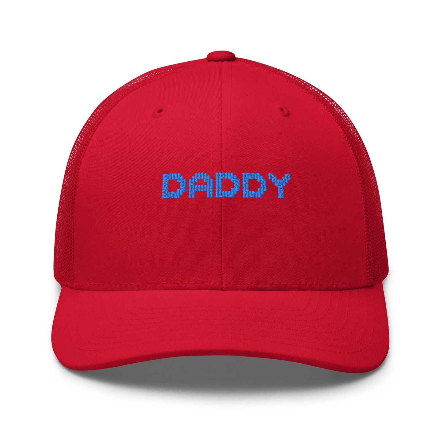 Red cap with white text on a white background
