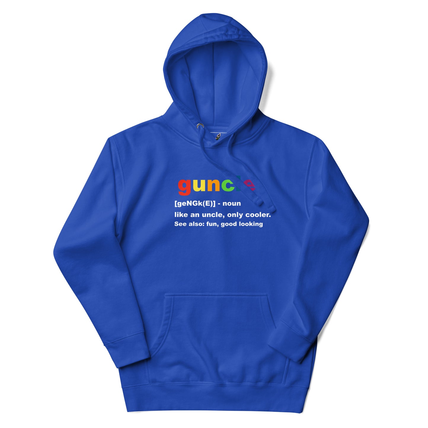 A royal blue pullover hoodie with a colorful graphic on the chest spelling 'gunc' in rainbow letters, accompanied by a dictionary definition of 'gunc' printed in white text below it. The hoodie is displayed flat against a clean white background.