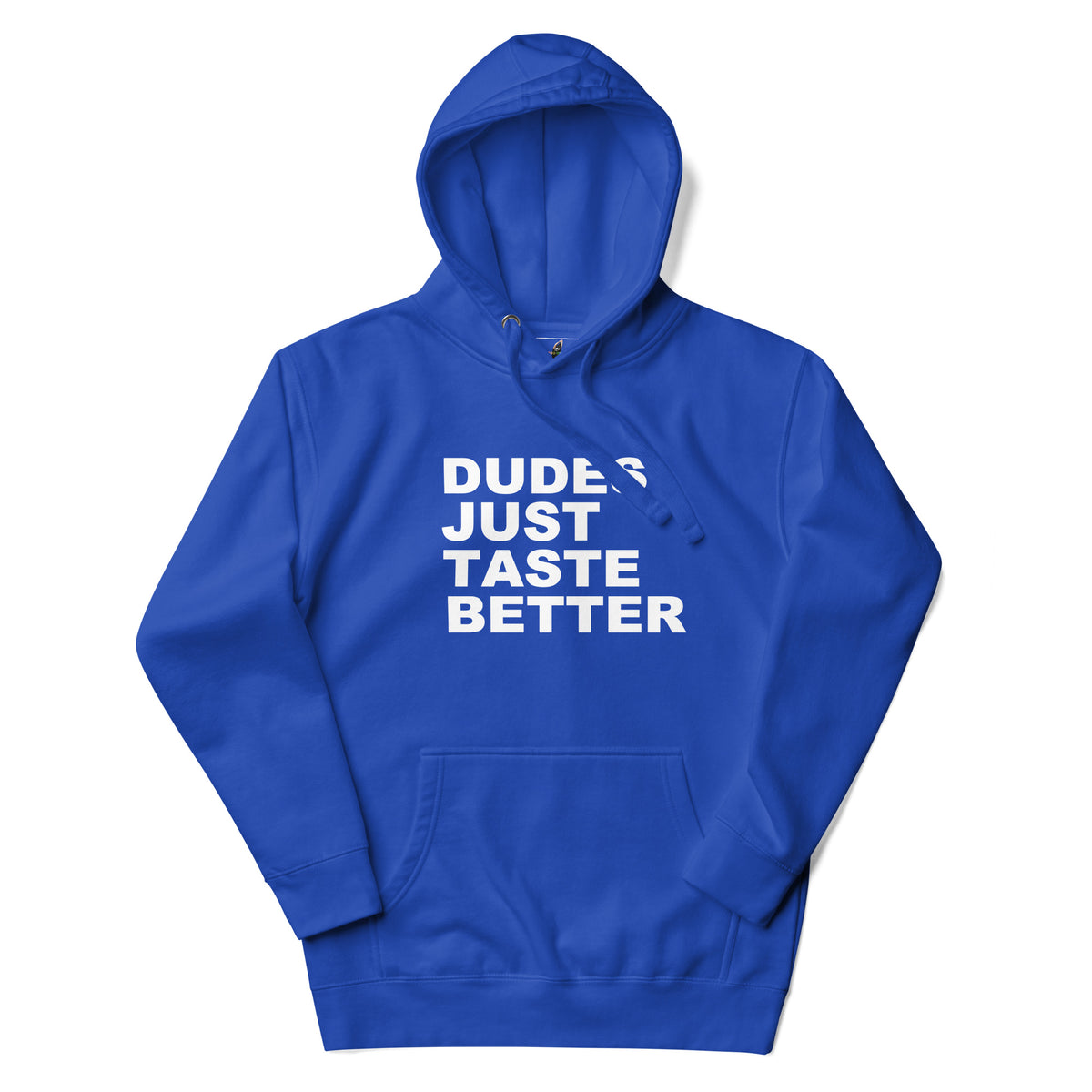 A royal blue pullover hoodie with the phrase 'DUDE JUST TASTE BETTER' printed in bold white capital letters across the chest, displayed on a clean white background.