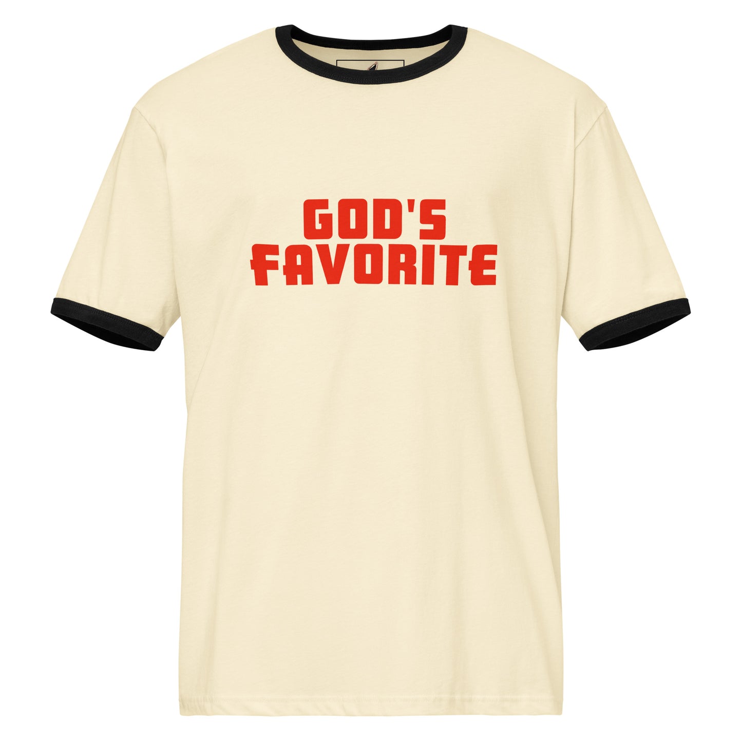 An off-white ringer t-shirt with black trim on the collar and sleeve cuffs, featuring the phrase 'GOD'S FAVORITE' printed in a bold red block font across the chest.