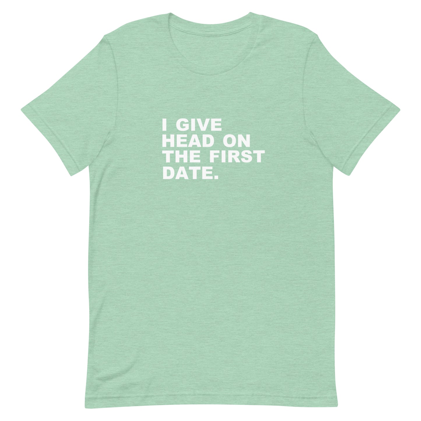 Light green t-shirt with white text on a white background