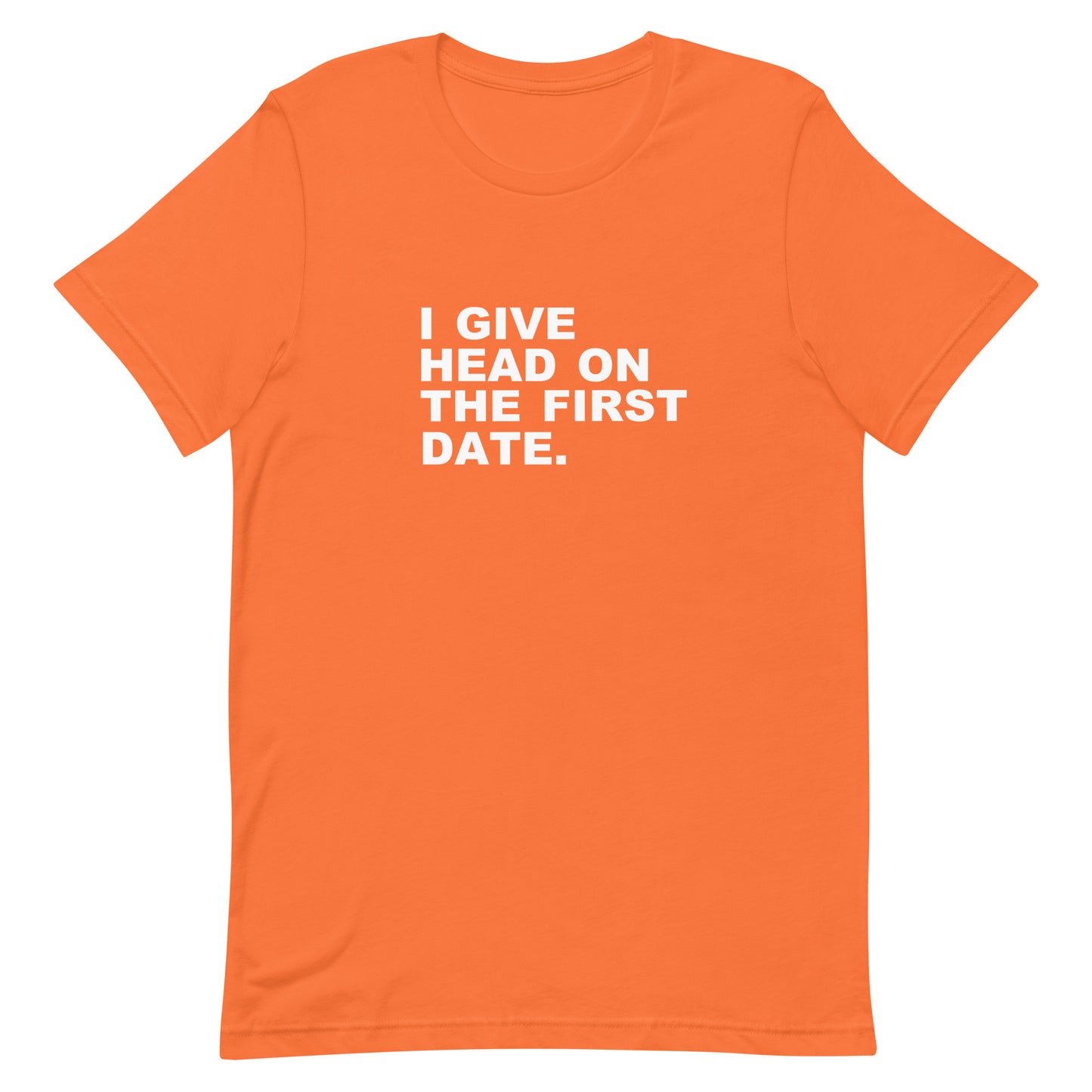 Orange t-shirt with white text on a white background