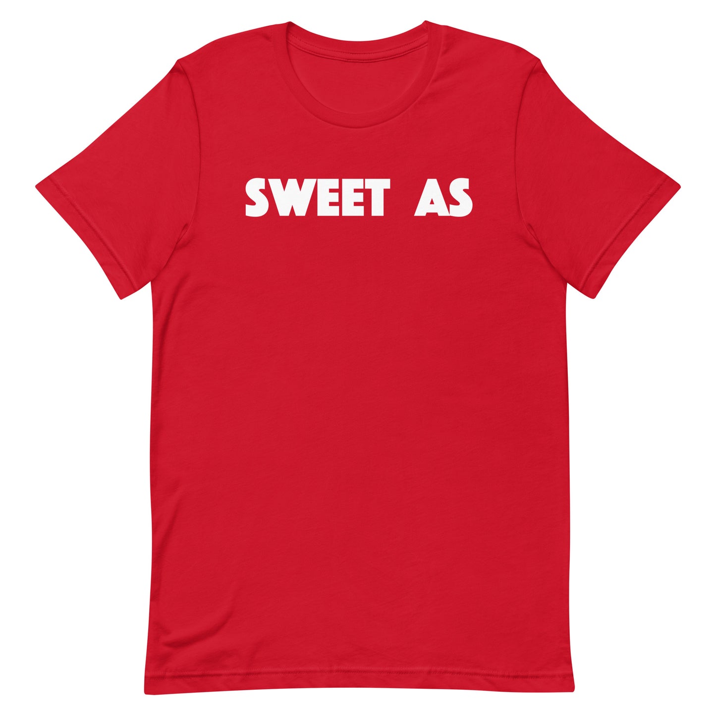 A red short-sleeve crewneck t-shirt with the words 'SWEET AS' printed in bold white capital letters across the chest, displayed on a solid white background.