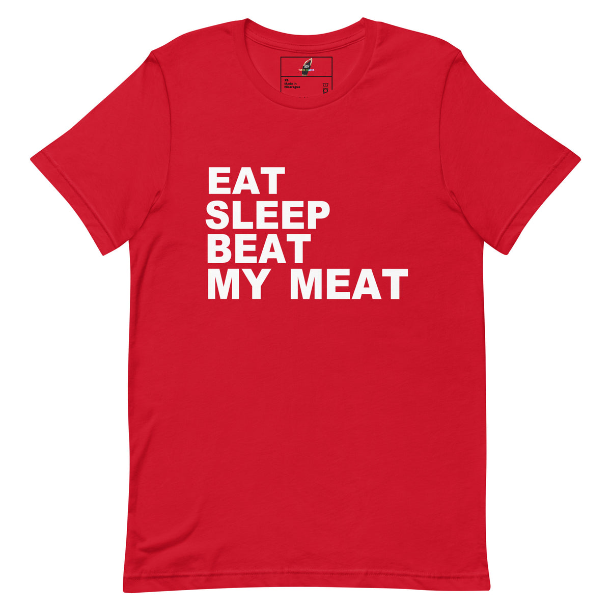 A red short-sleeve crewneck t-shirt with the slogan 'EAT SLEEP BEAT MY MEAT' printed in bold white capital letters on the front, displayed against a solid white background.