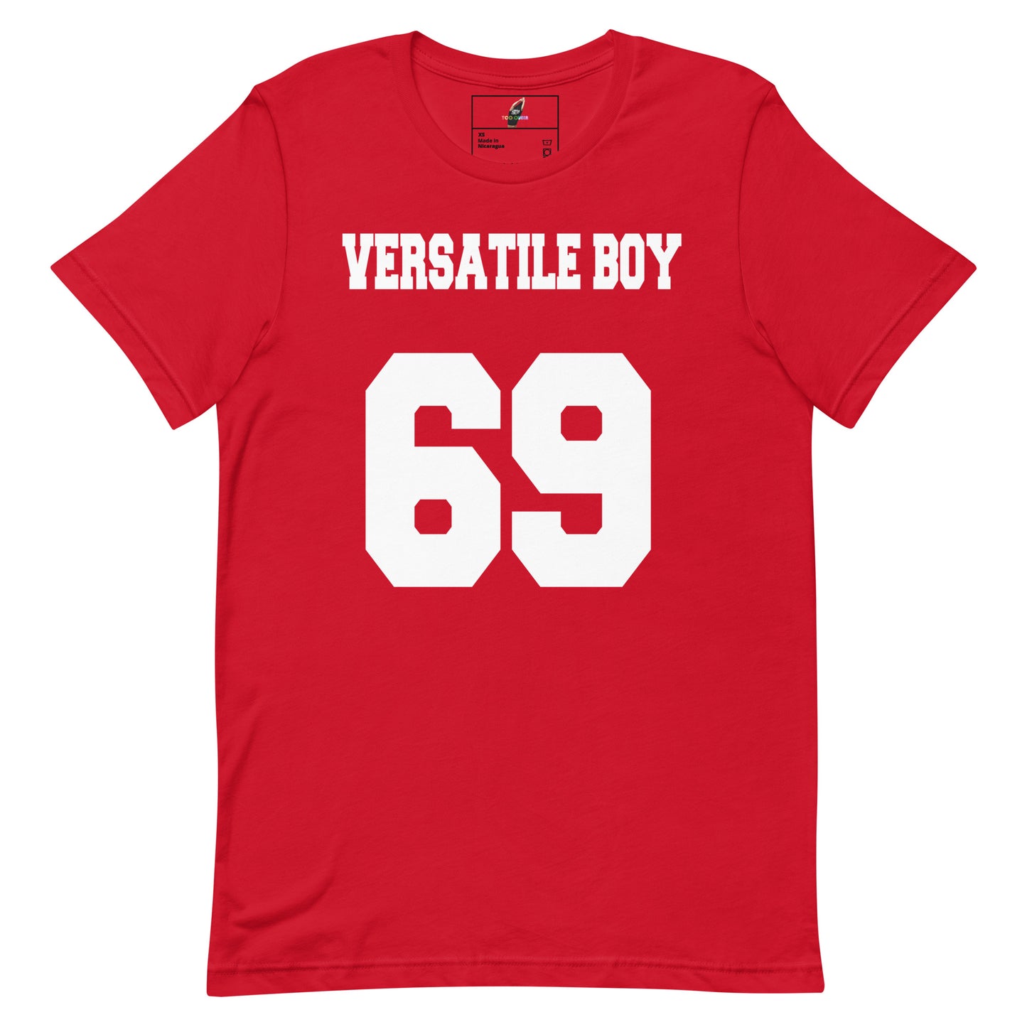 A red short-sleeve crewneck t-shirt with 'VERSATILE BOY' and the number '69' printed in bold white block letters on the front, displayed against a solid white background.