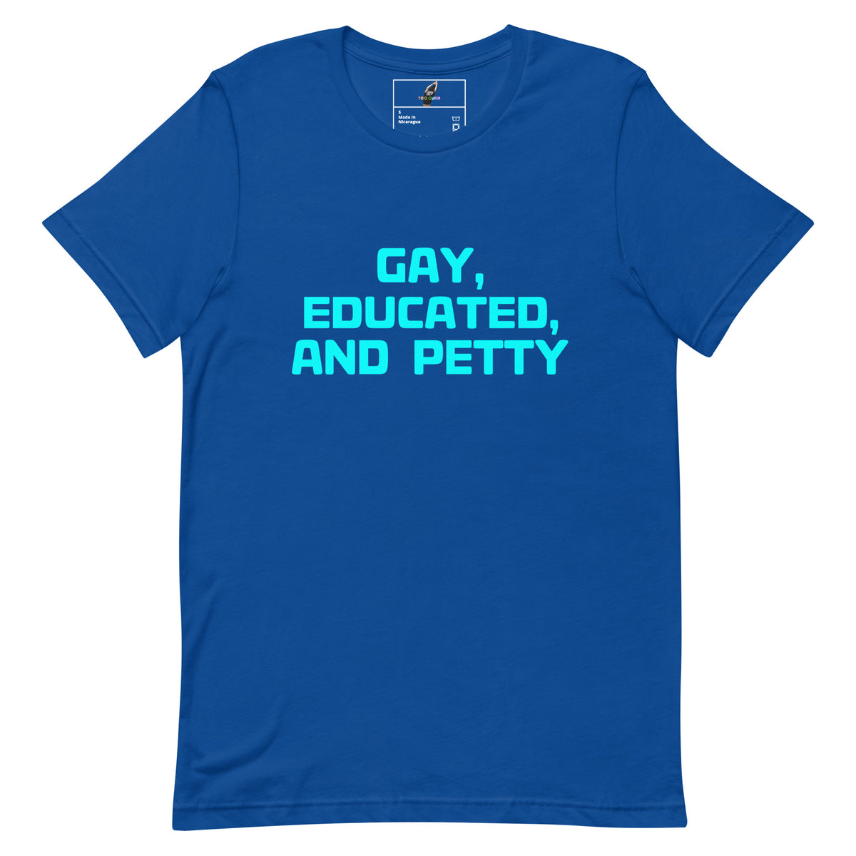 A royal blue short-sleeve t-shirt with the slogan 'GAY, EDUCATED, AND PETTY' printed in bright cyan text across the chest, displayed on a clean white background.