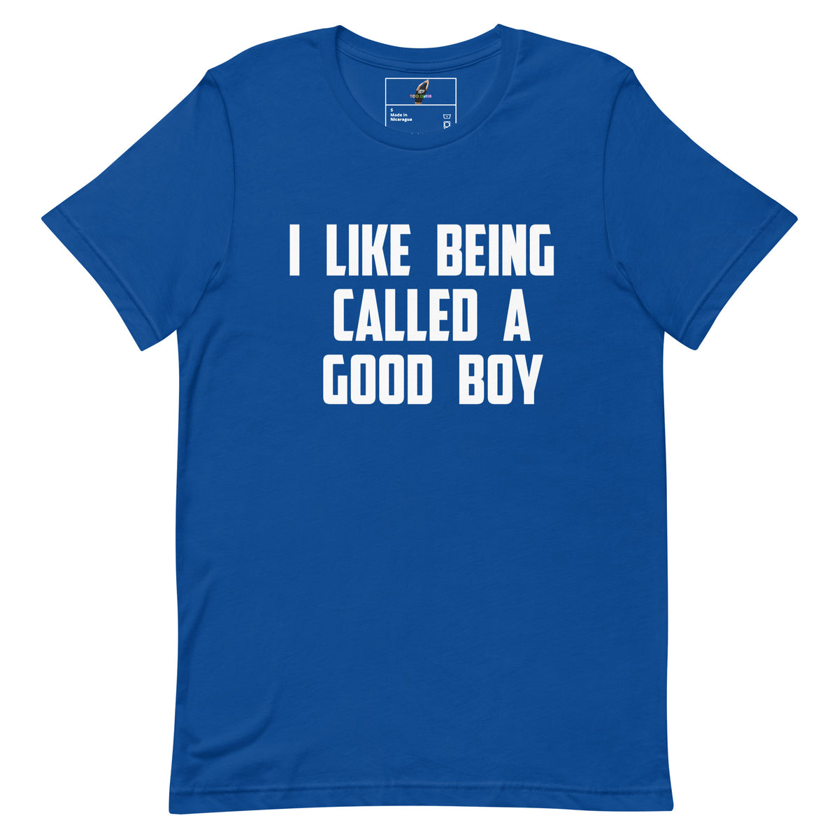 A royal blue short-sleeve t-shirt with bold white text on the front reading 'I LIKE BEING CALLED A GOOD BOY'. The shirt is presented flat against a solid white background, with a small brand label visible inside the collar.