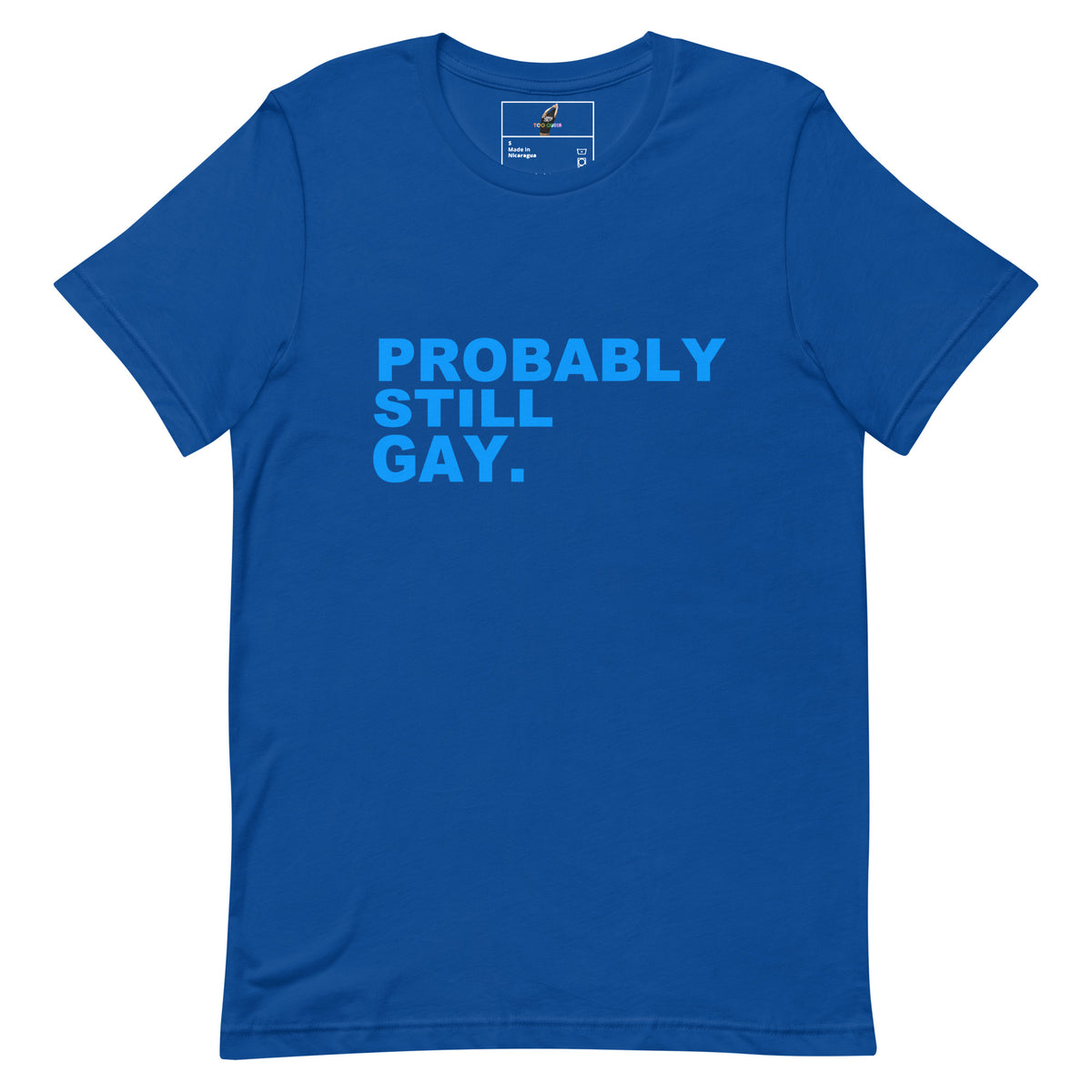A royal blue short-sleeve t-shirt with the text 'PROBABLY STILL GAY.' printed in light blue across the chest, displayed flat against a white background.