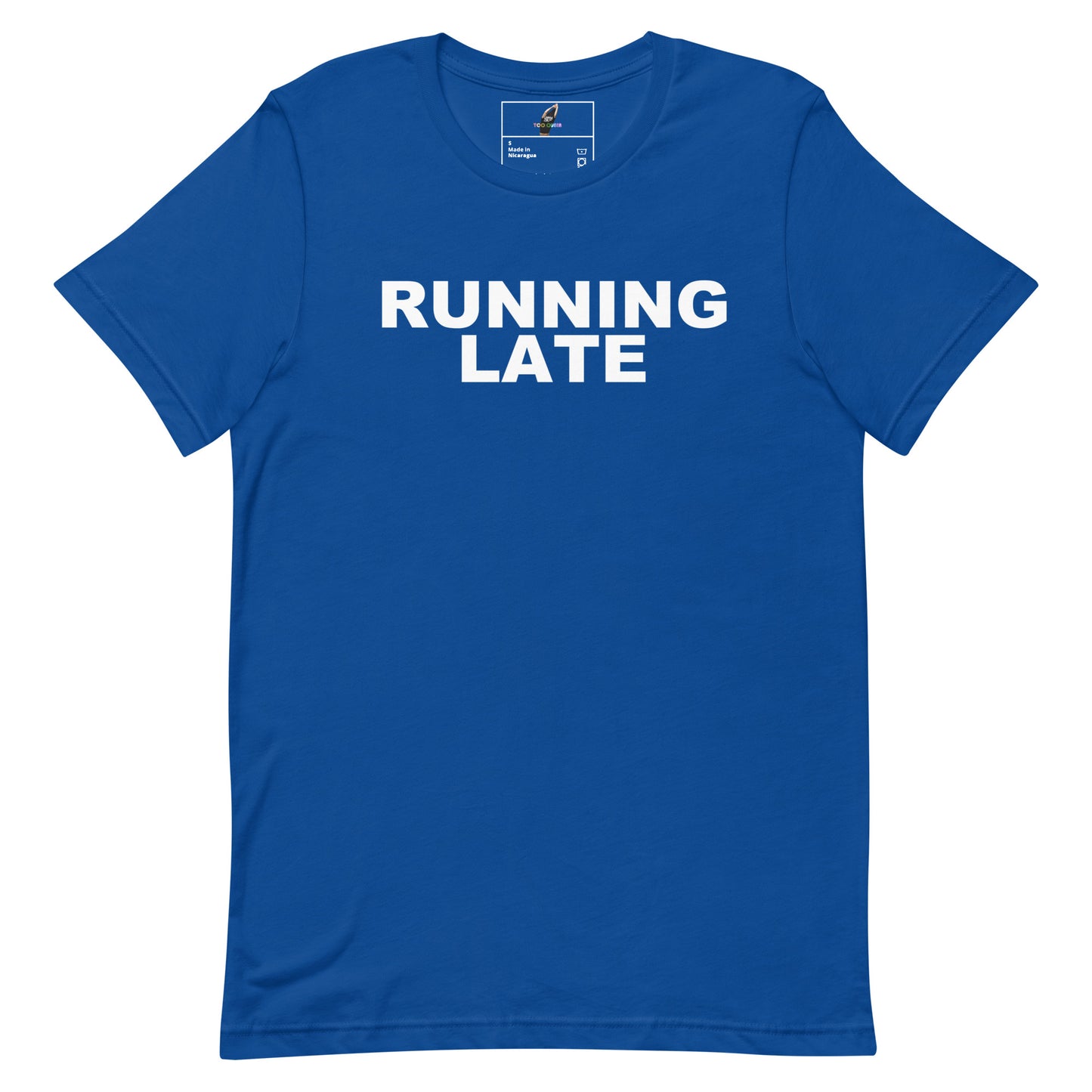 Blue t-shirt with white text 'Running on coffee & chaos DAD LIFE' on a white background