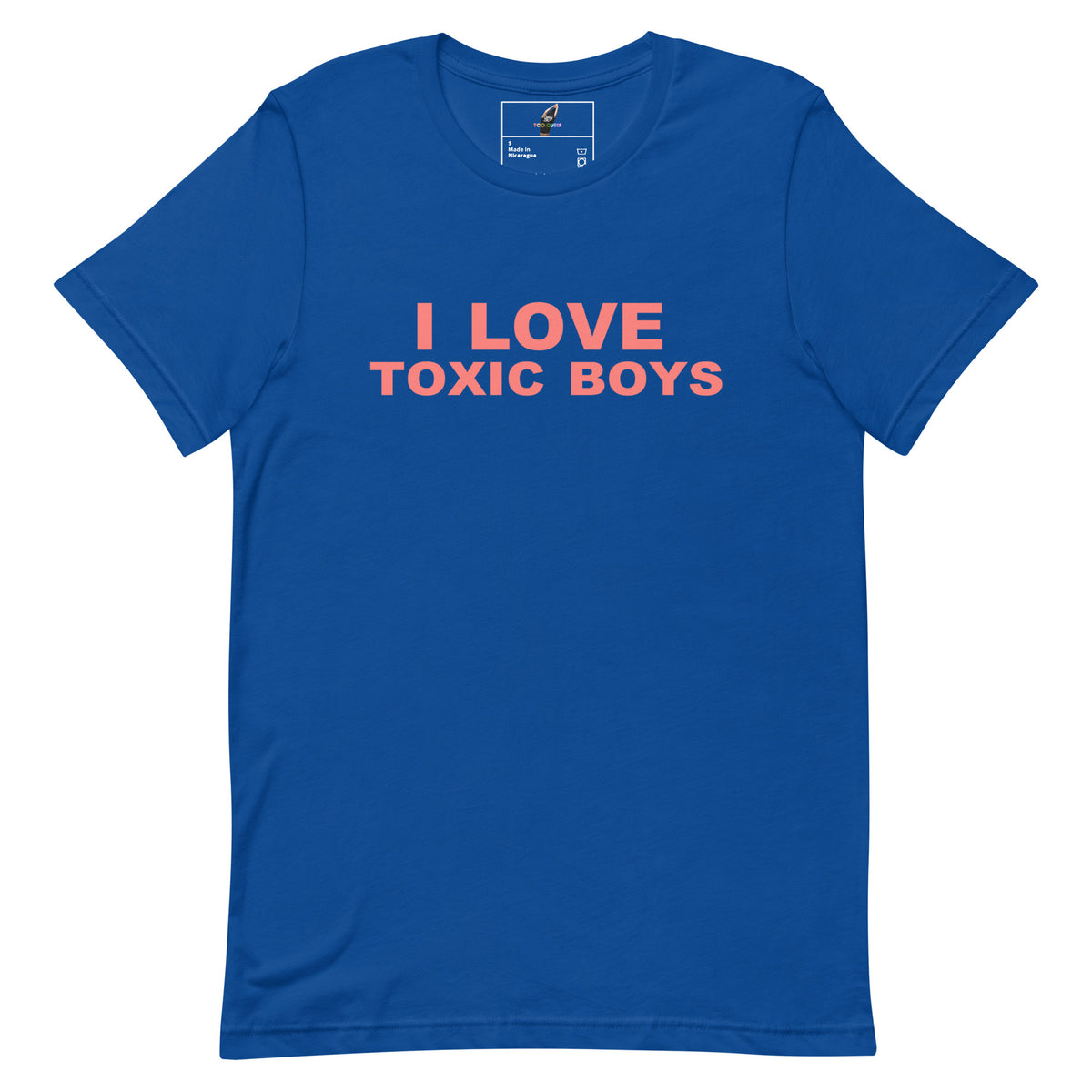 A royal blue short-sleeve t-shirt with the text 'I LOVE TOXIC BOYS' printed in orange across the chest, displayed on a clean white background.