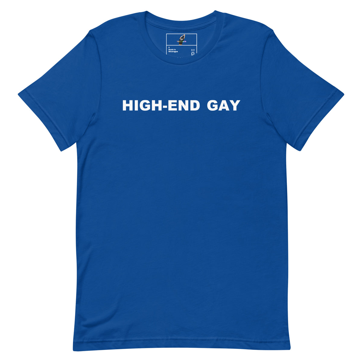 A royal blue short-sleeve crewneck t-shirt with the words 'HIGH-END GAY' printed in white capital letters across the chest, displayed on a clean white background.