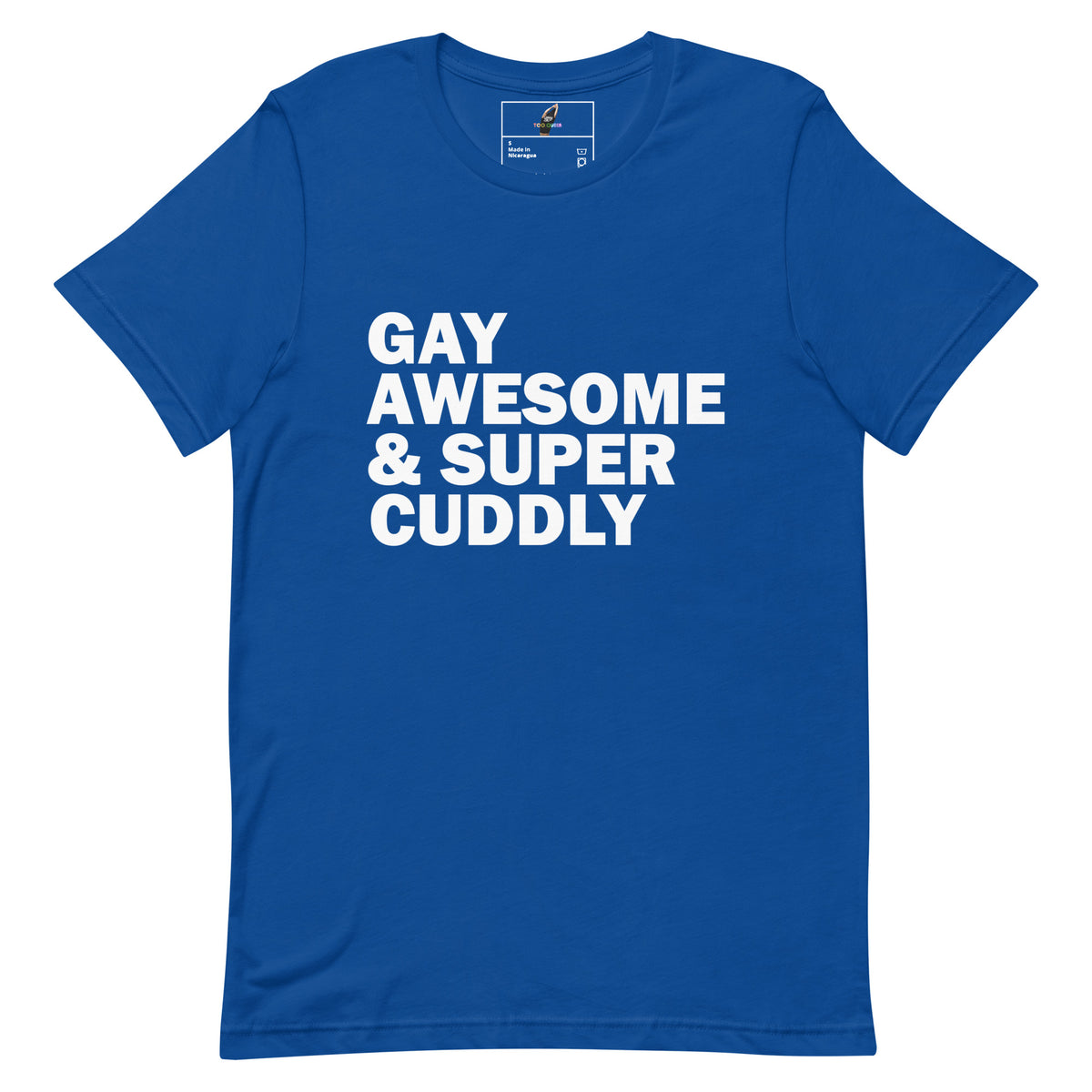 A royal blue short-sleeve t-shirt with bold white text on the front reading 'GAY AWESOME & SUPER CUDDLY'. The shirt is displayed flat against a clean white background, showing a small inner neck label with a logo.