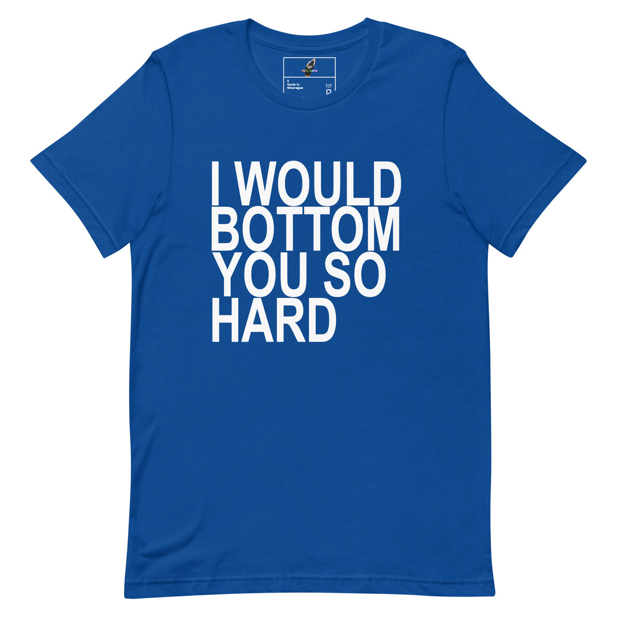 A royal blue short-sleeve t-shirt with the phrase 'I WOULD BOTTOM YOU SO HARD' printed in bold white capital letters across the front, displayed on a clean white background.