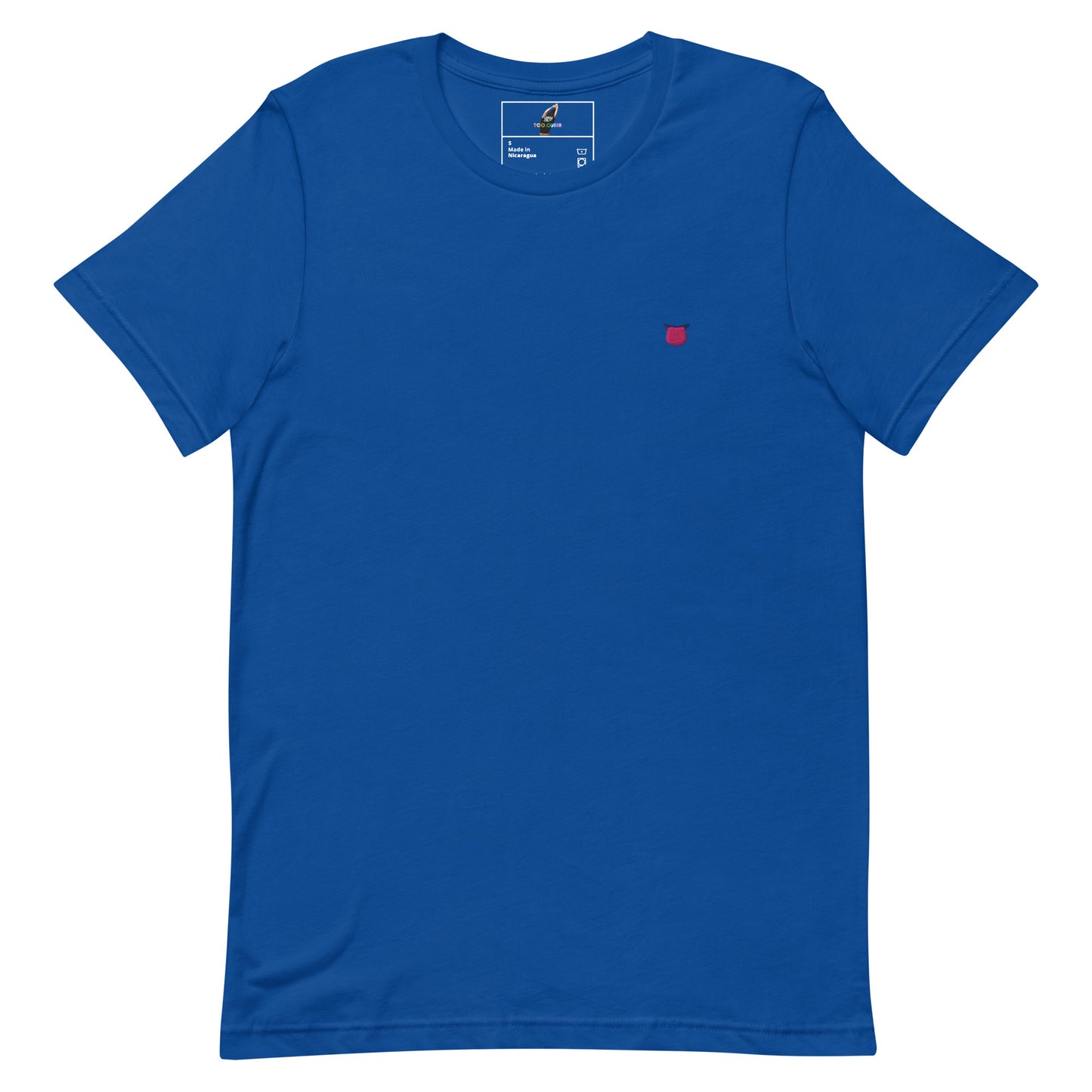 A royal blue short-sleeve crewneck t-shirt with a small red square logo on the left chest, displayed flat against a solid white background.