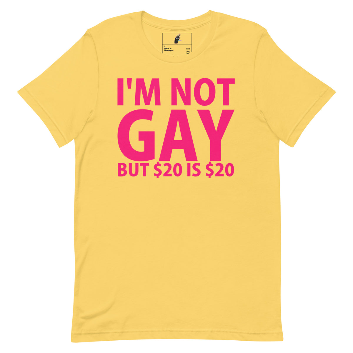 A yellow short-sleeve t-shirt with a bold pink graphic text reading 'I'M NOT GAY BUT $20 IS $20' on the front, displayed against a solid white background.