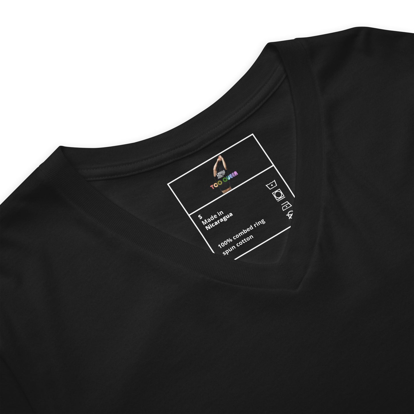 Black t-shirt with a label on the chest featuring text and graphics.