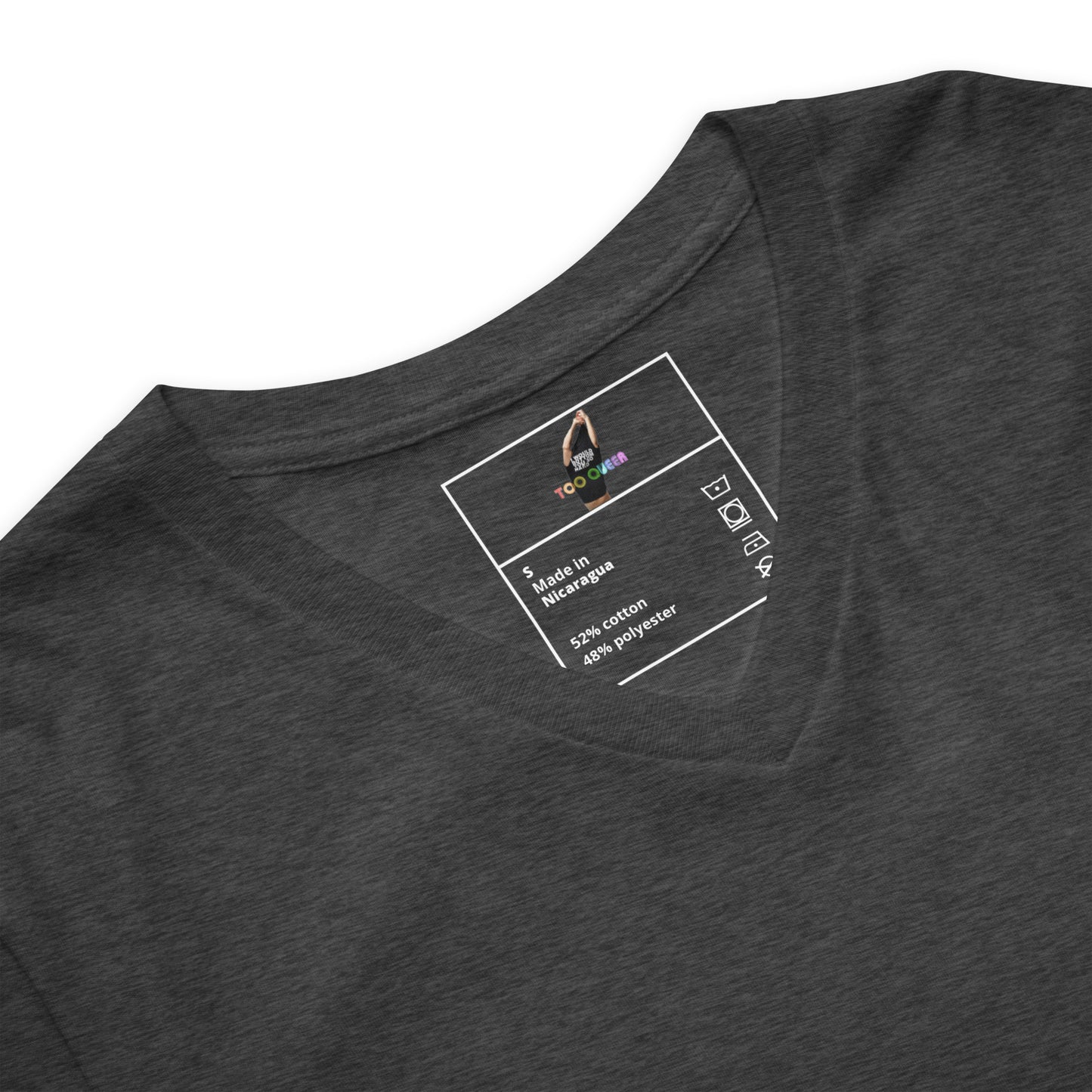Gray t-shirt with brand logo and text on a white background