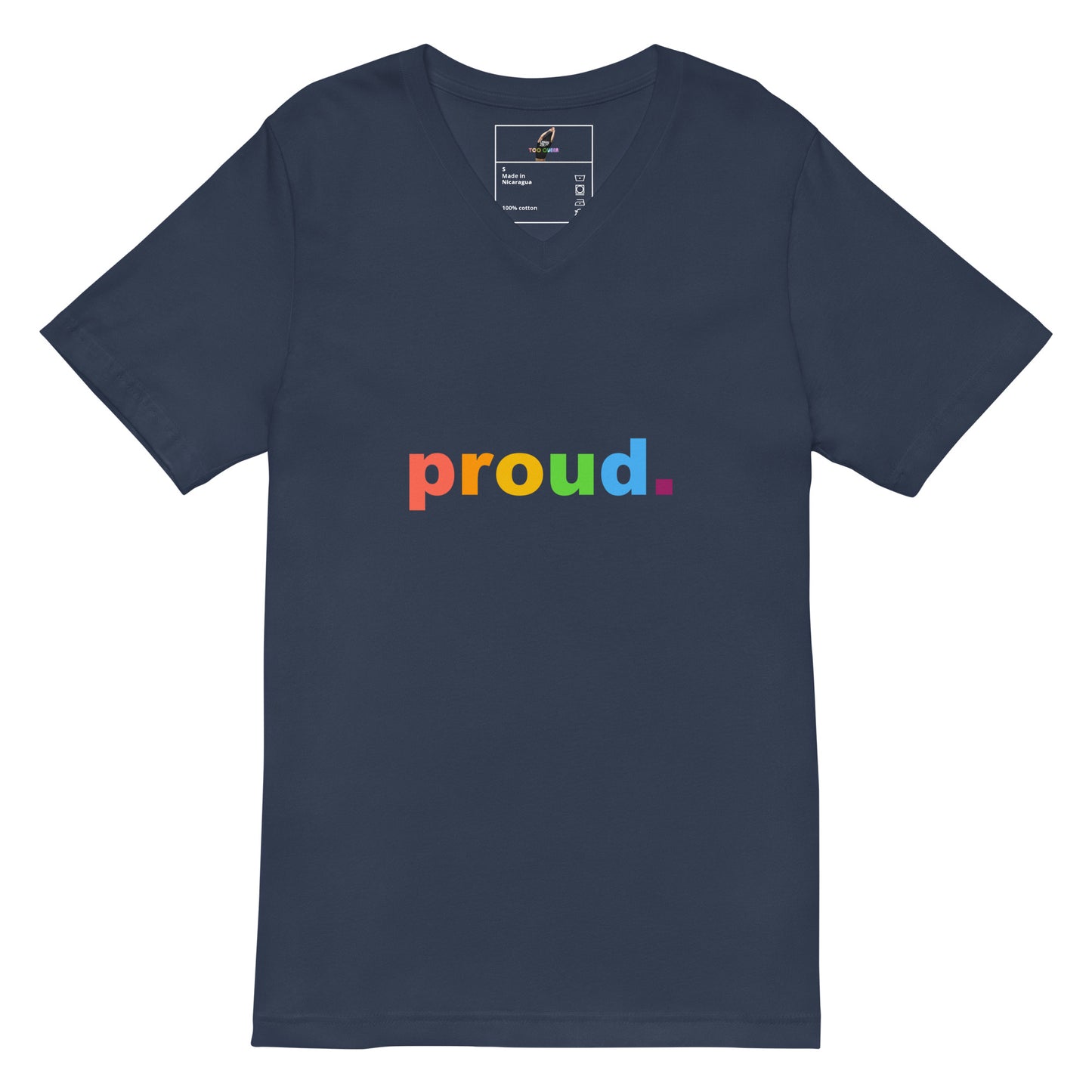 A navy blue v-neck t-shirt with the word 'proud.' printed across the chest in rainbow colors, shown on a plain white background.