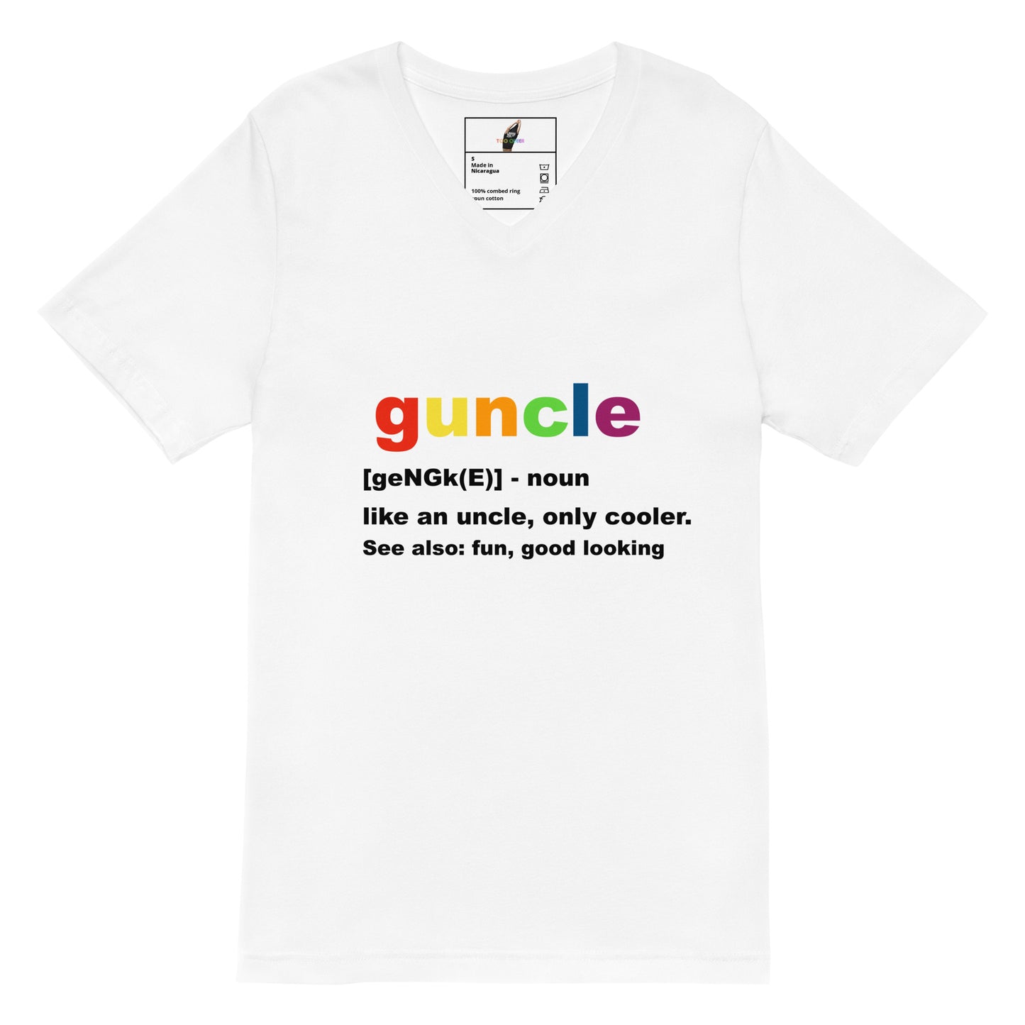 A white short-sleeve t-shirt with a colorful graphic on the chest spelling out 'guncle' in rainbow colors, followed by a dictionary definition in black text.