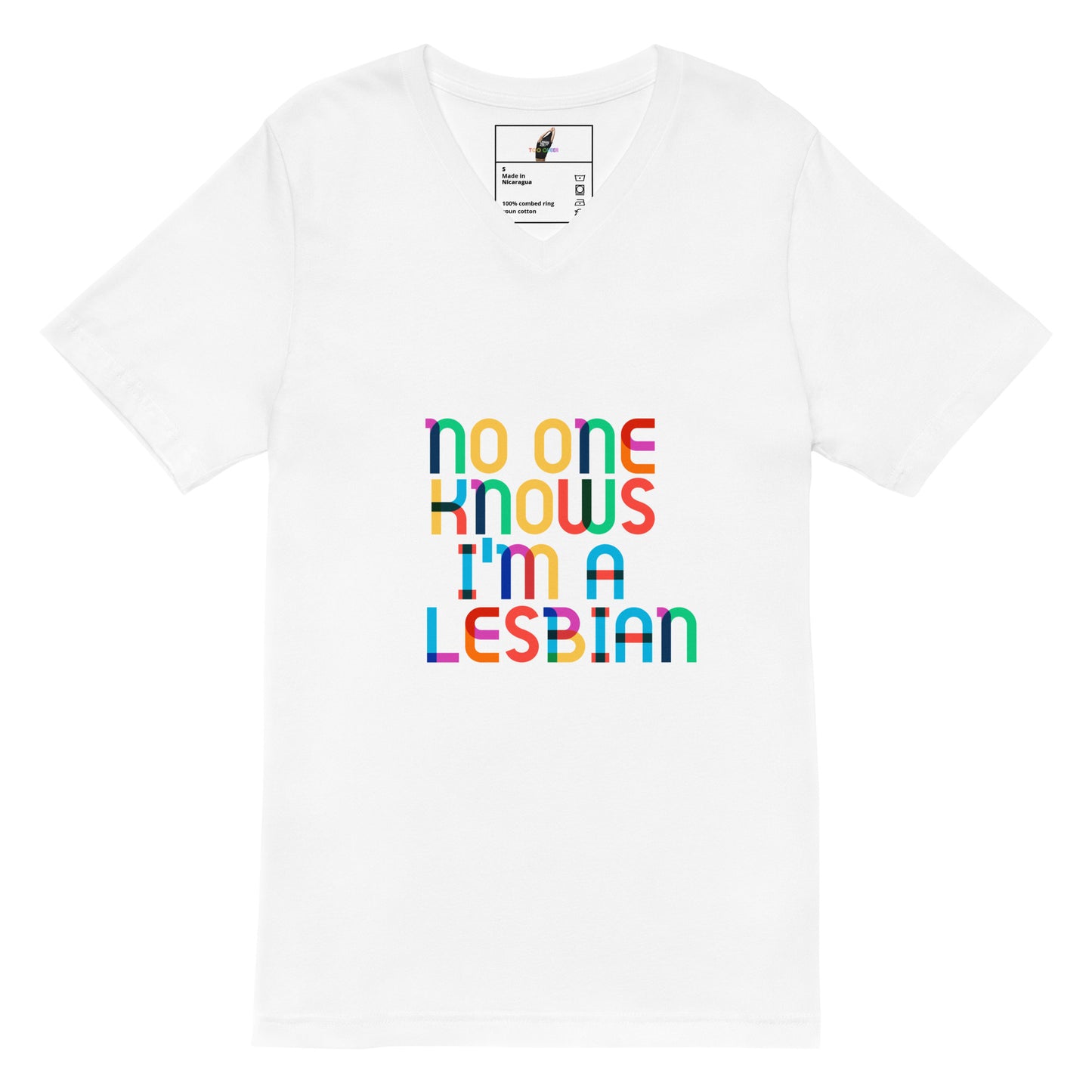 A white short-sleeve crewneck t-shirt featuring the text 'no one KNOWS I'm A LESBIAN' printed on the chest in a vibrant, multicolored retro font.