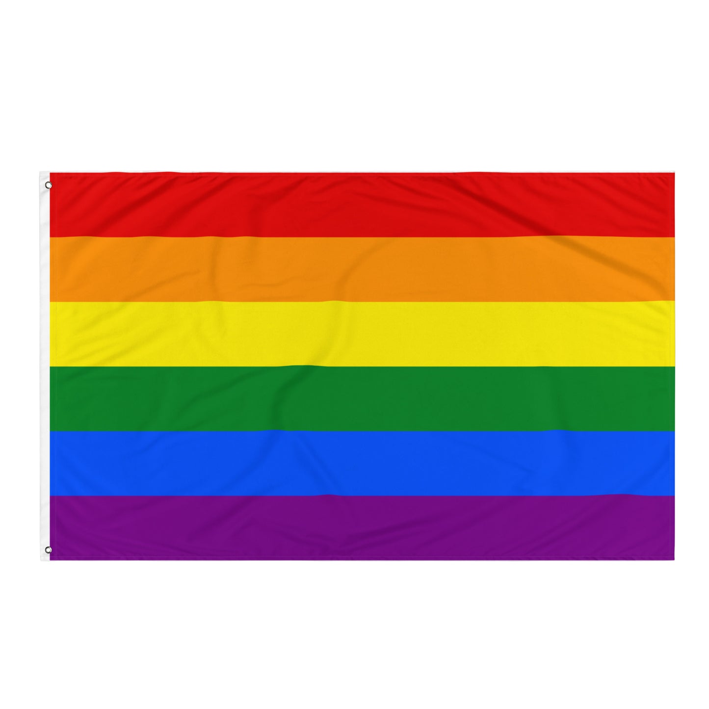 A six-stripe rainbow pride flag with horizontal bands of red, orange, yellow, green, blue, and purple, shown flat against a plain white background.