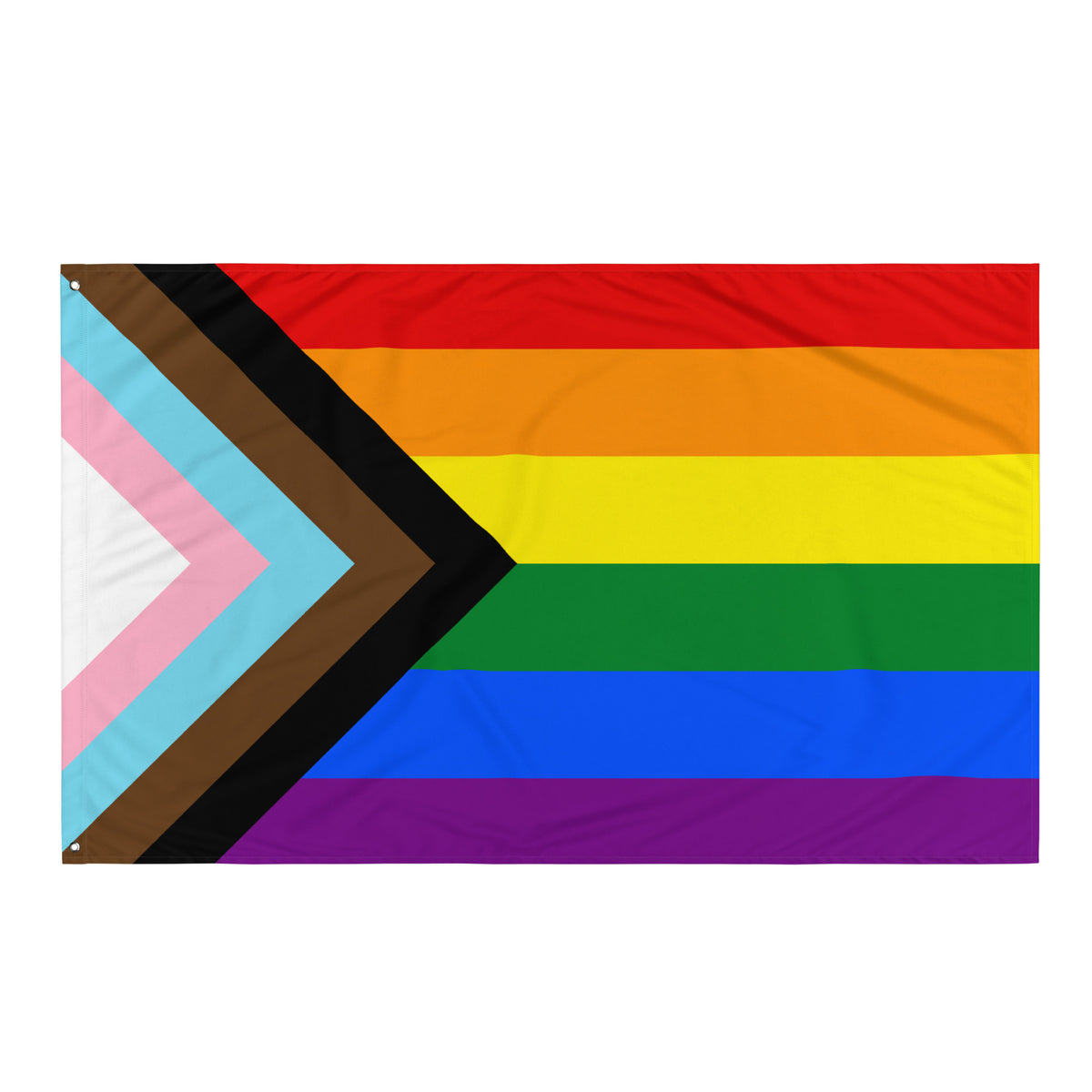Pride flag featuring horizontal rainbow stripes with a chevron on the left side containing light blue, pink, white, brown, black, and gold stripes, shown flat against a white background.