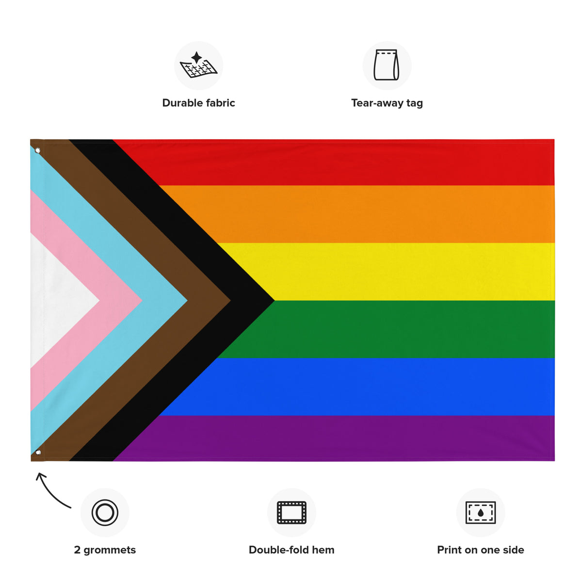 Pride flag with the Progress Pride chevron and rainbow stripes, shown on a white background with feature icons and text for durable fabric, tear-away tag, 2 grommets, double-fold hem, and print on one side.