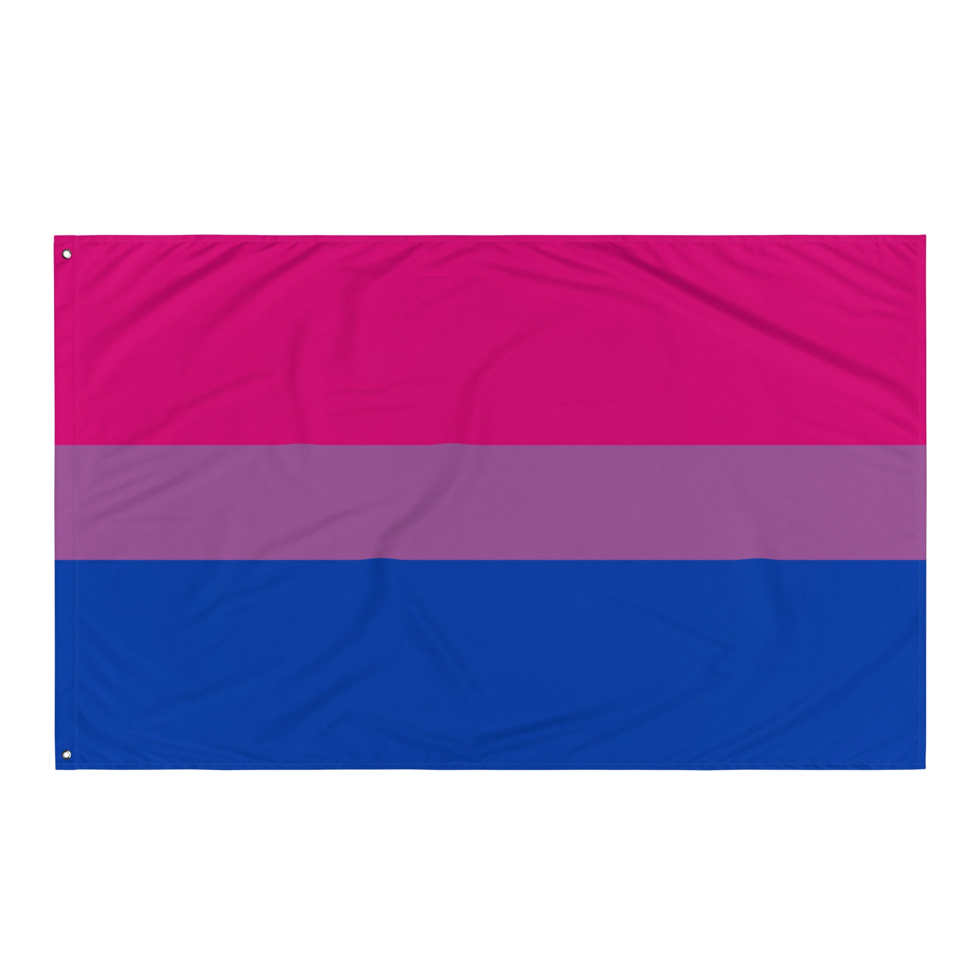 A rectangular bisexual pride flag with three horizontal stripes in bright pink, lavender-purple, and royal blue, shown flat against a plain white background.